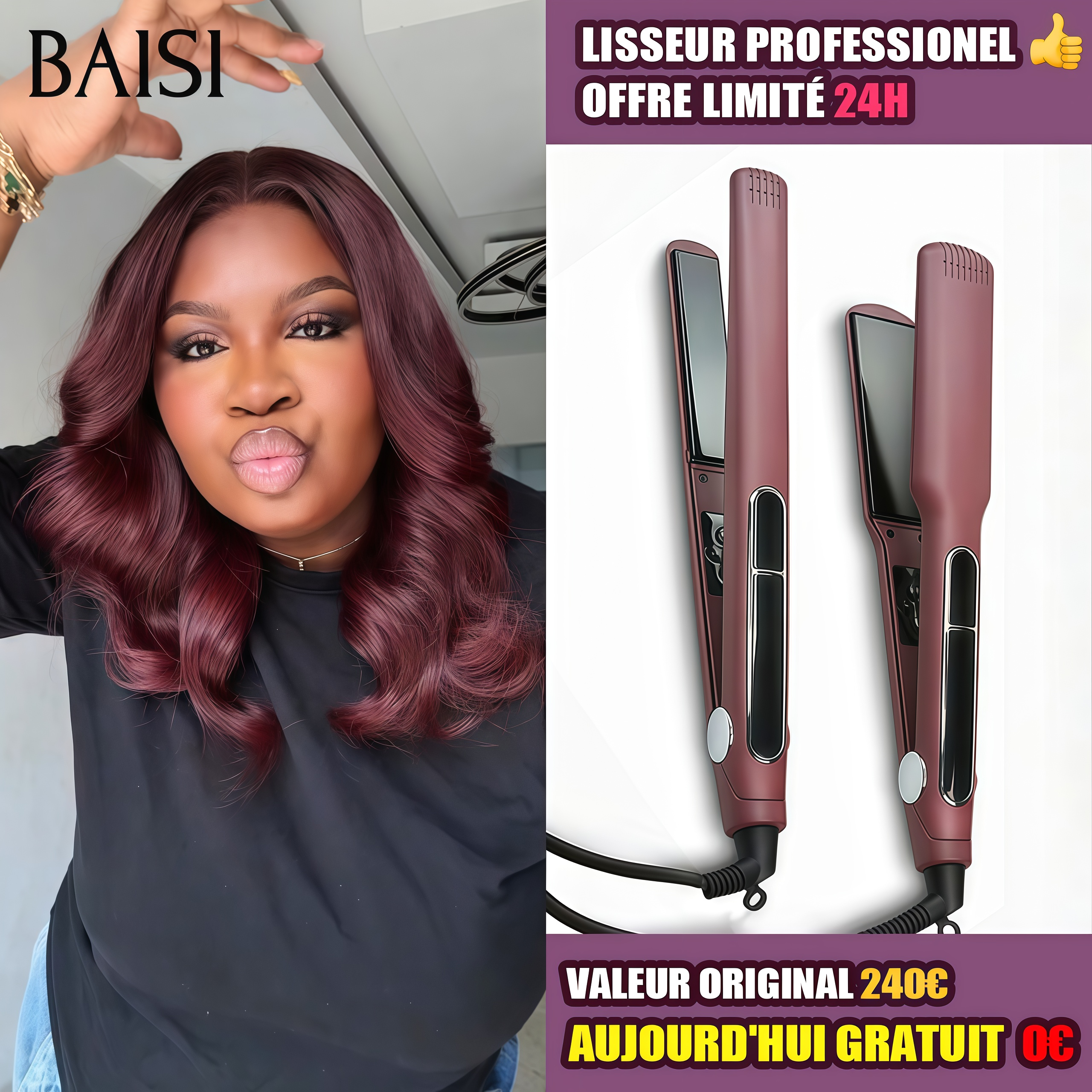 BAISI  Offre spéciale Perruques 13x4 lace frontal Body wave Bordeaux 1 Perruque + Lisseur PRO Gratuite  PROMO en 100% vrais cheveux humains