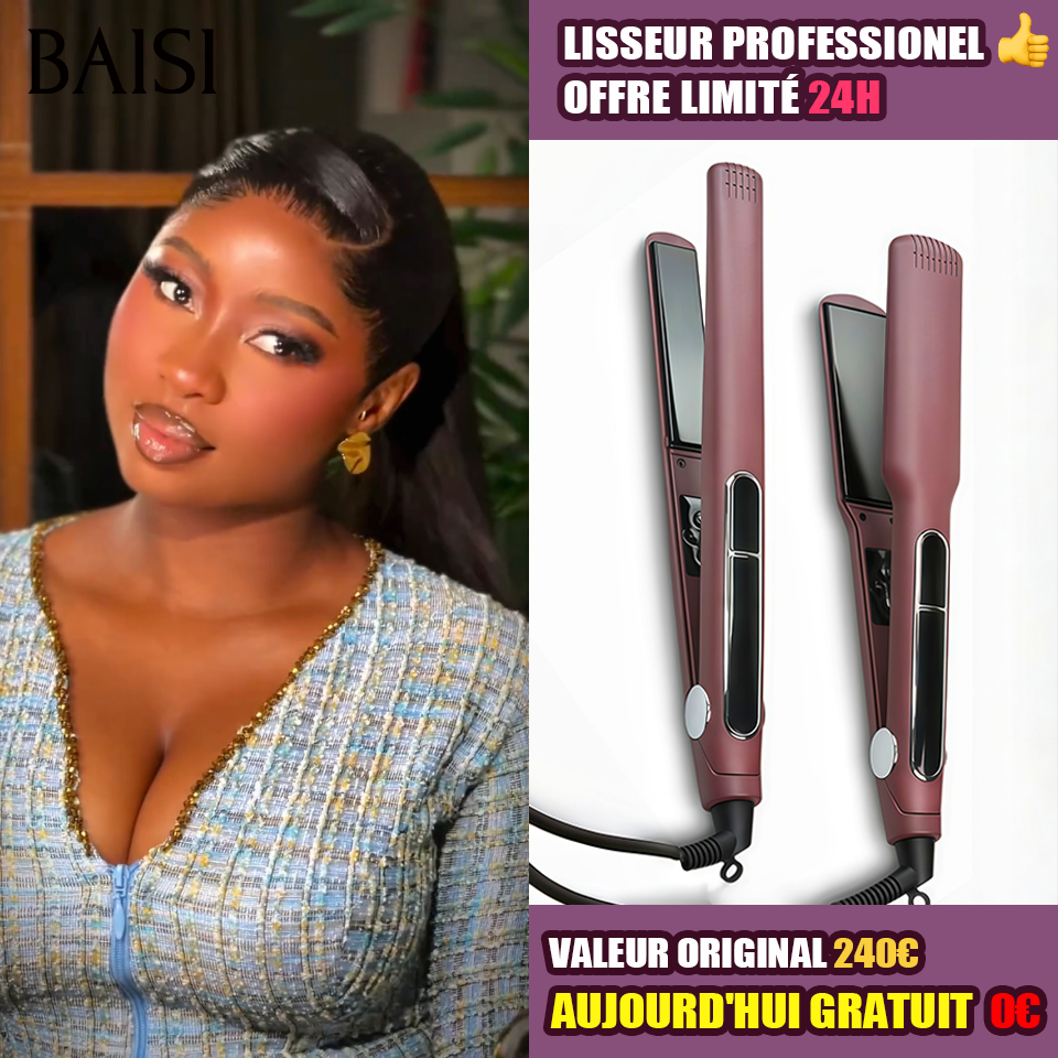 BAISI perruque Déjà Coiffée + Lisseur PRO Gratuite  PROMO en Couleur Noir à  moitié prix en 100% cheveux humains