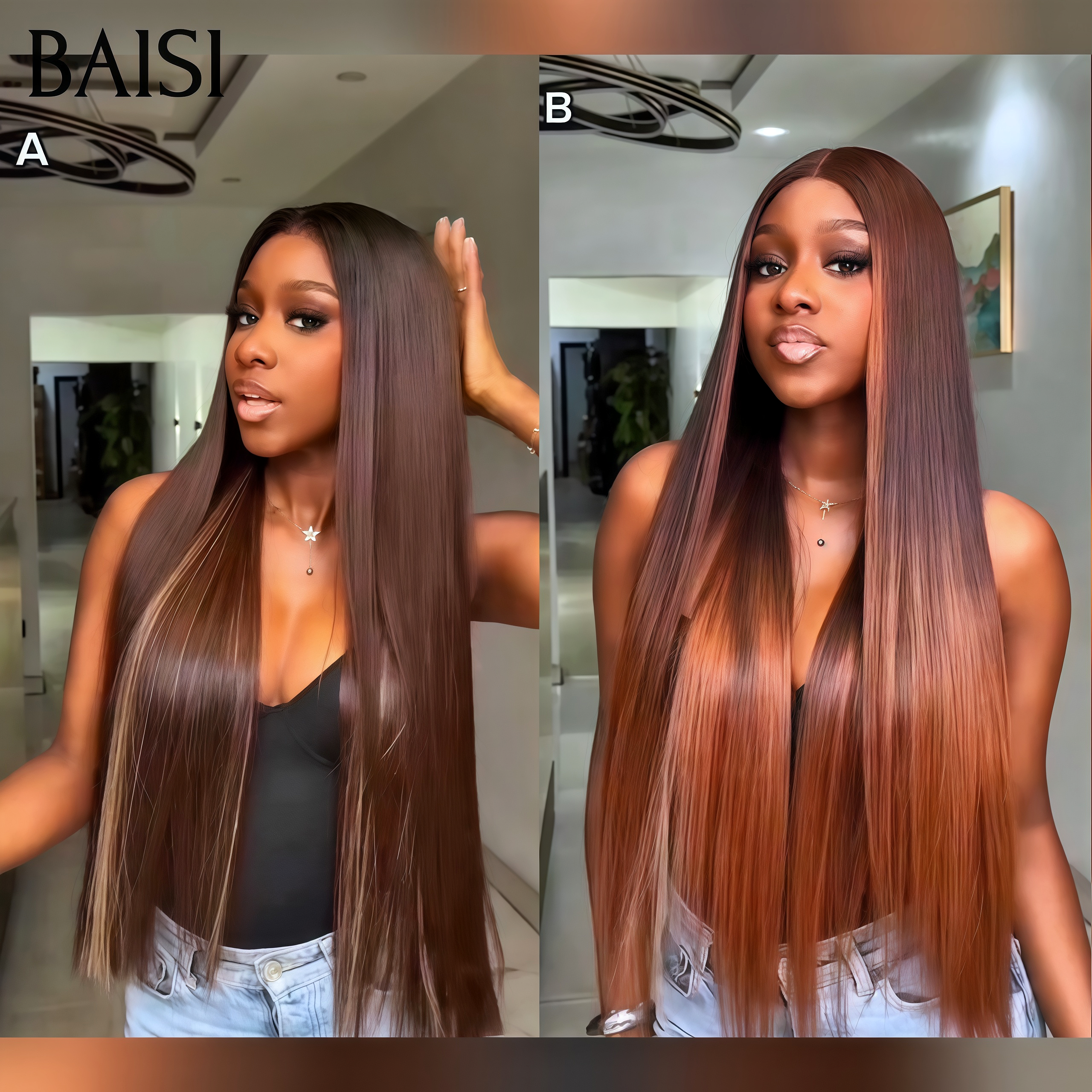 BAISI 13x4 Frontal Parrucca Liscia Colore Misto Marrone 100% Identica 20 Pollici 100% Capelli Umani
