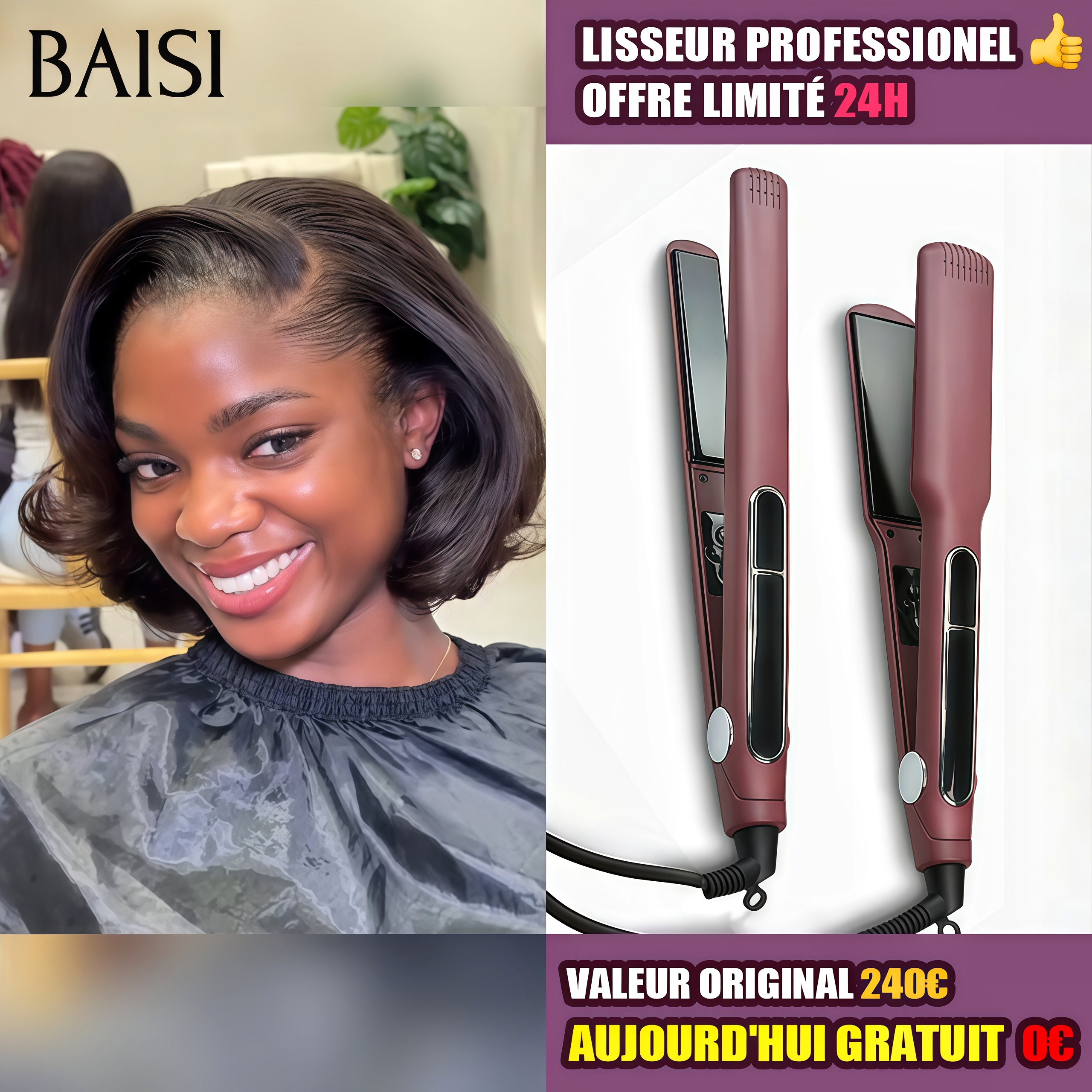 BAISI  Offre spéciale Perruques Lisse BOB 13x4 Lace frontal Lisse 1 Perruque + Lisseur PRO Gratuite 89€ PROMO en 100% vrais cheveux humains