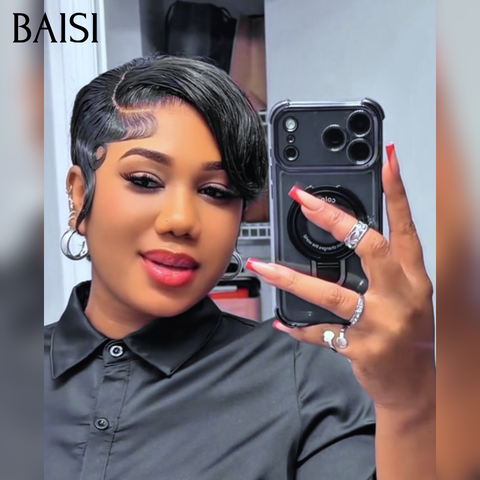 BAISI Achetez 2 perruques minimum au prix d'usine fournisseur perruque avec 13x4 lace frontal Lisse NOIR pixie en 100% vrais cheveux humains