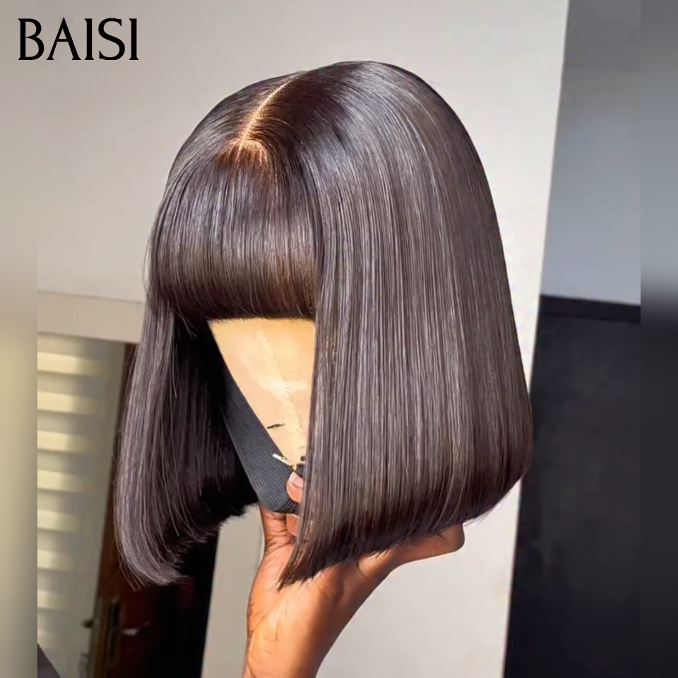 BAISI Compre 2 perucas no mínimo ao preço de fábrica, sem renda, peruca Bob lisa 100% cabelo do Vietname, corte quadrado, em 100% cabelo humano verdadeiro (sem código)