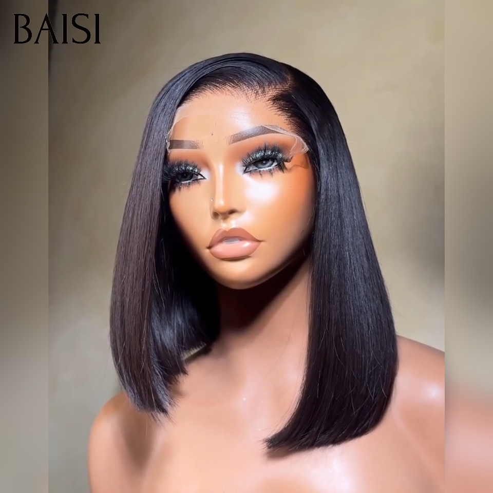 BAISI 4x4 chiusura in pizzo Parrucca Bob liscia nera 10 Pollice taglio carré 100% capelli grezzi