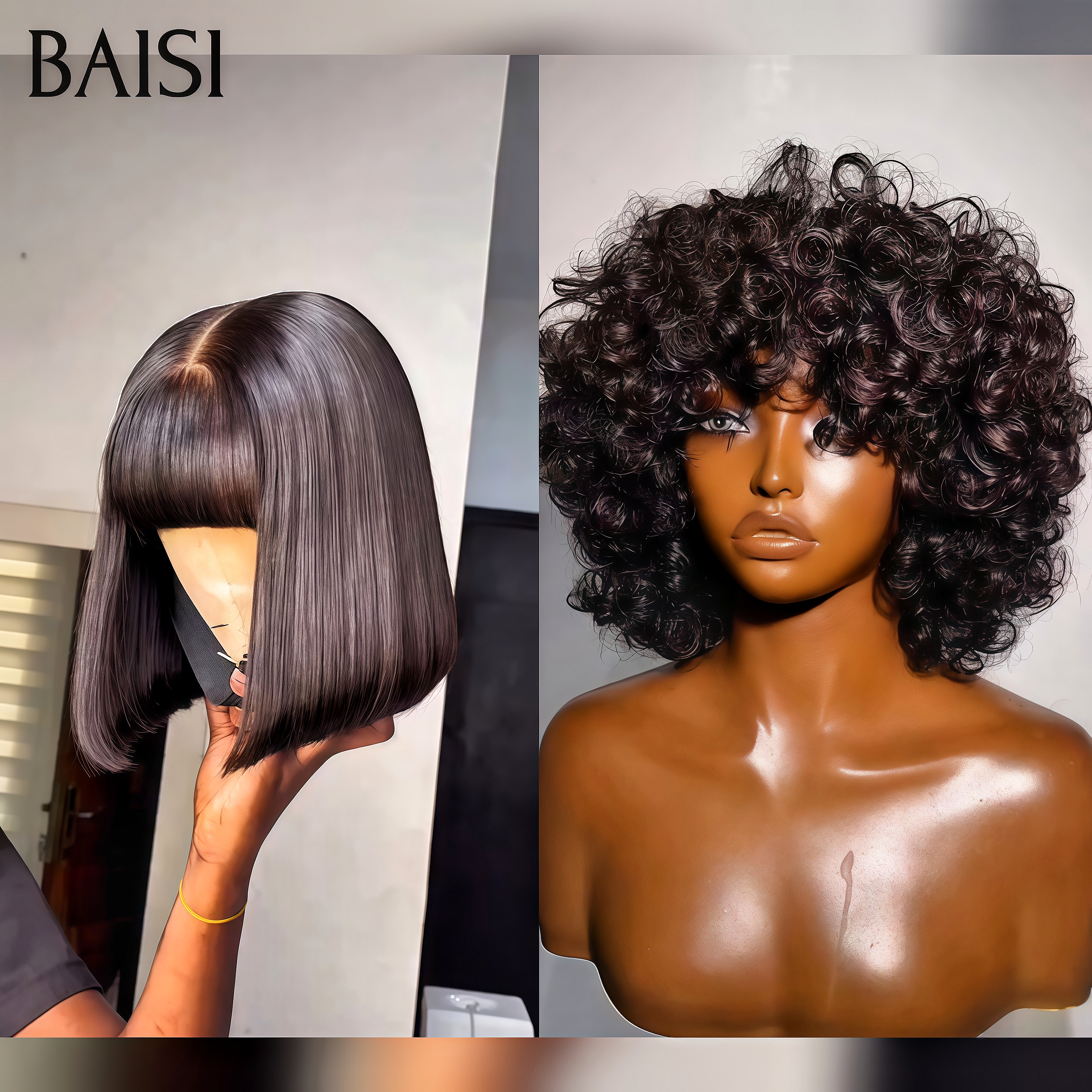 BAISI 2 perruques 98€ sans lace avec Lisse 8 Pouces et egg wave 10 Pouces en 100% vrais cheveux humains