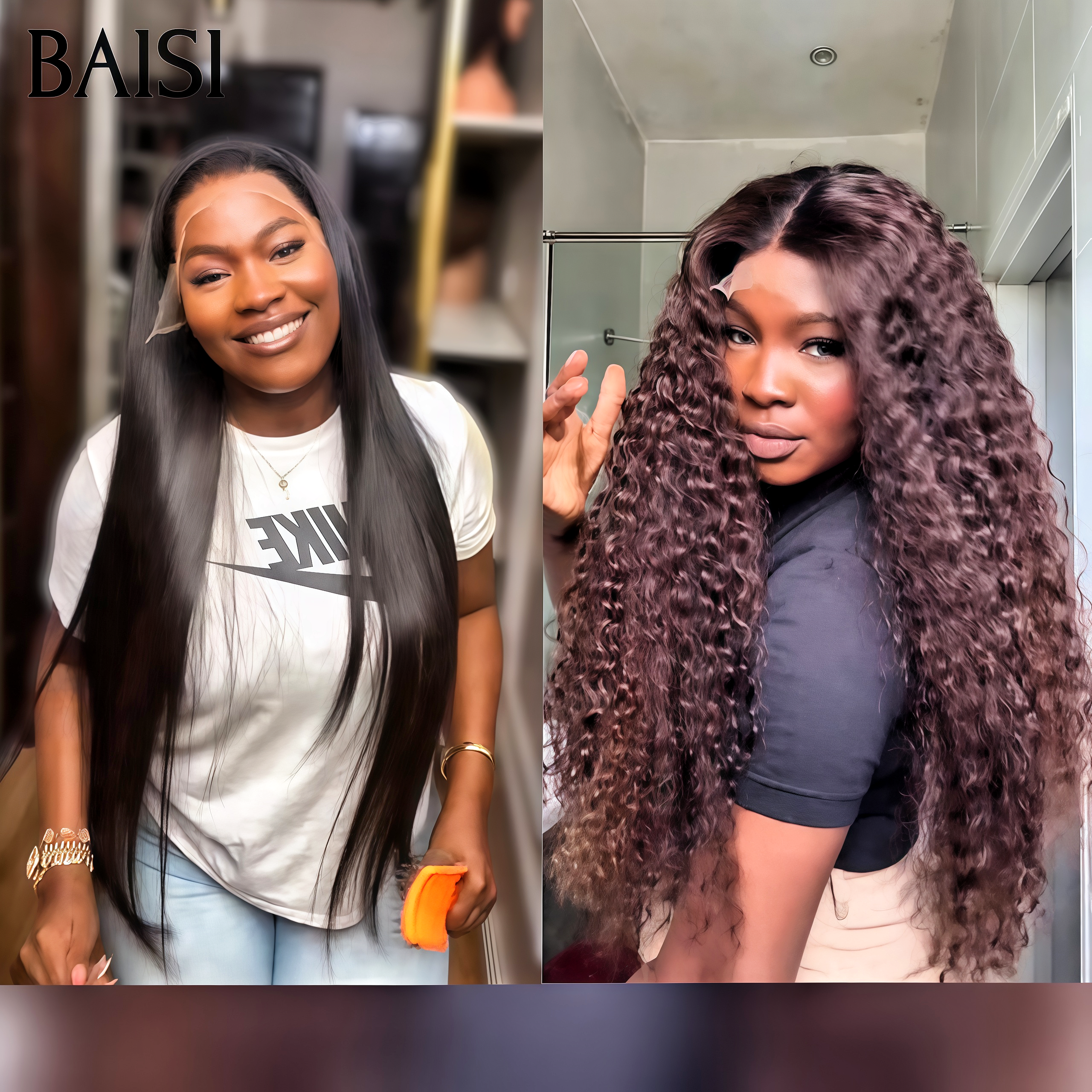 BAISI Achetez 1 + 1 Gratuite = 189€ Lace Frontale Perruque Lisse Noir et curly wave Marron en 100% Vrais Cheveux Humains