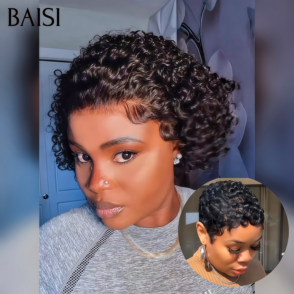 BAISI Compra 1 + 1 Gratis = 66€ Parrucca pixie 13x4 lace frontal onde riccia e senza colla, ciocche in 100% capelli umani veri