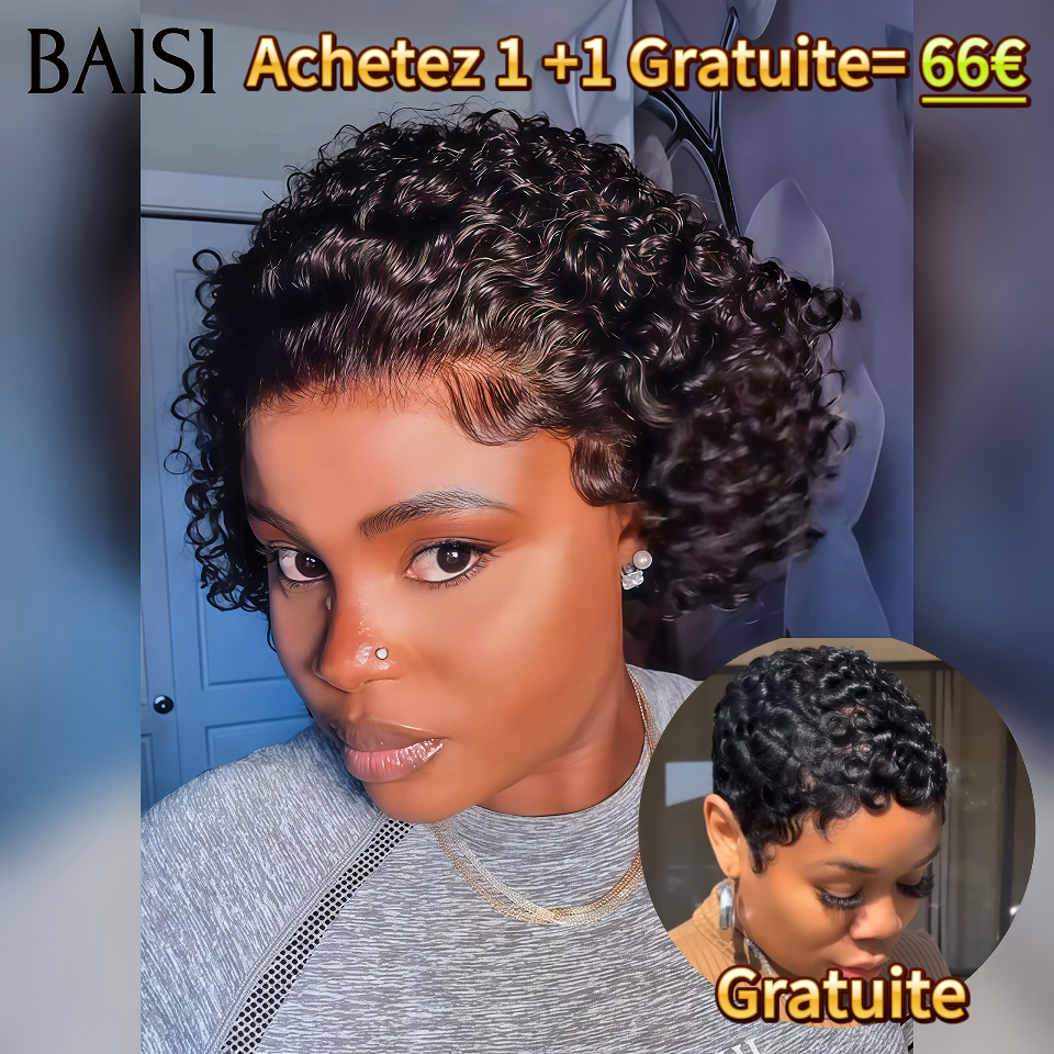 BAISI Compra 1 + 1 Gratis = 66€ Parrucca pixie 13x4 lace frontal onde riccia e senza colla, ciocche in 100% capelli umani veri