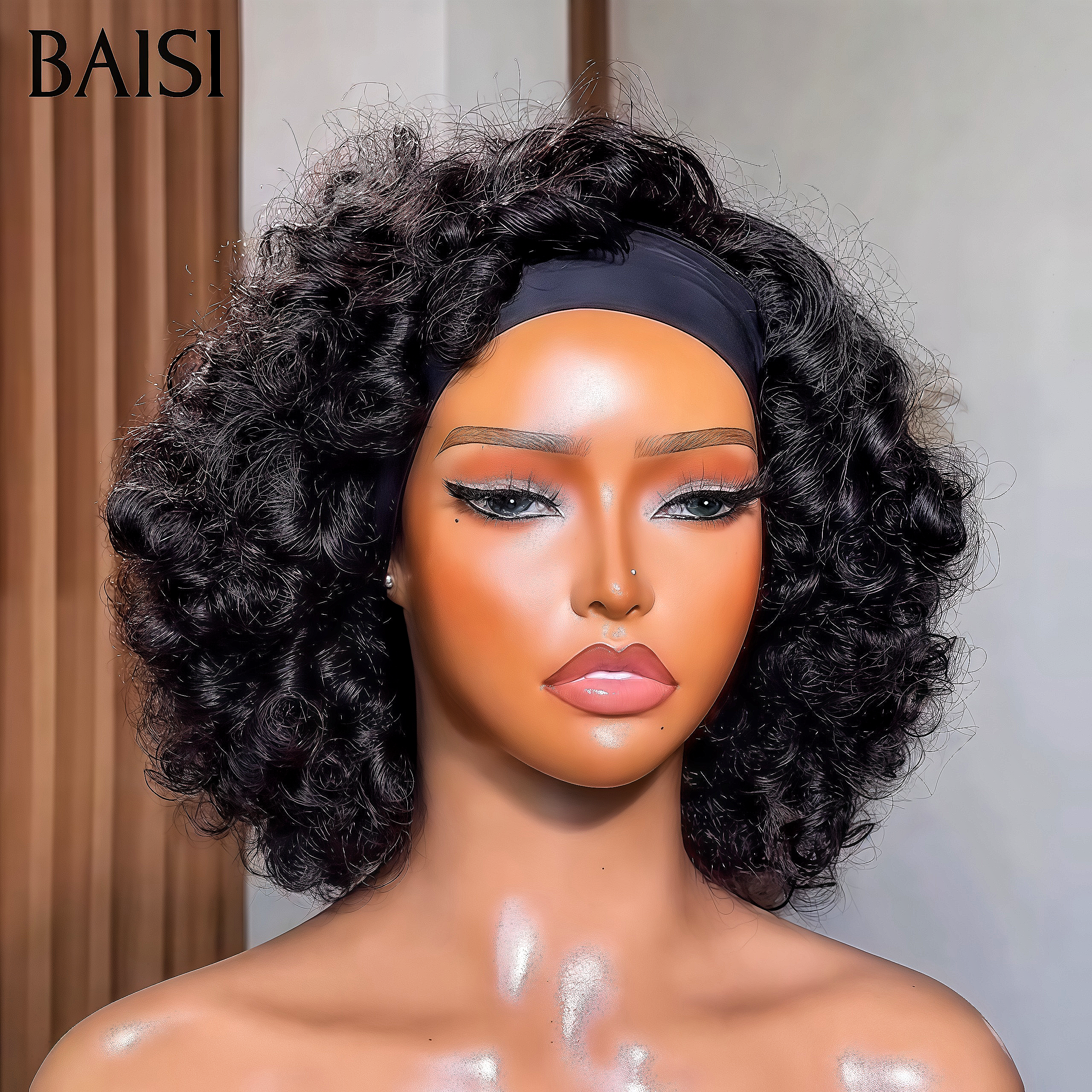 BAISI Perruque Bandeau Bouclée Natural Wave Fabriquée A La Machine 14 pouce en 100% Cheveux humains