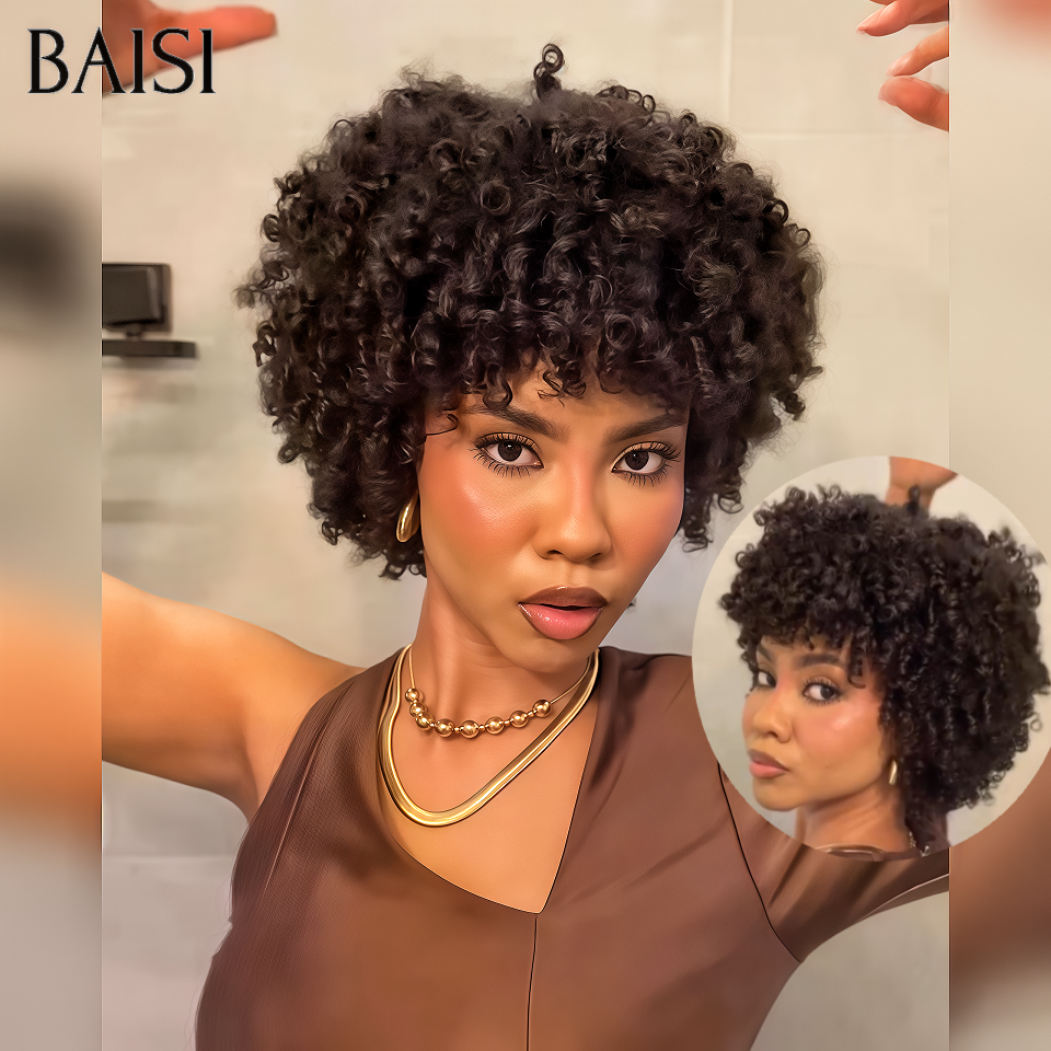 BAISI Perruque Top Modèle egg wave Avec Frange 12 Pouces sans Colle 100% cheveux humains