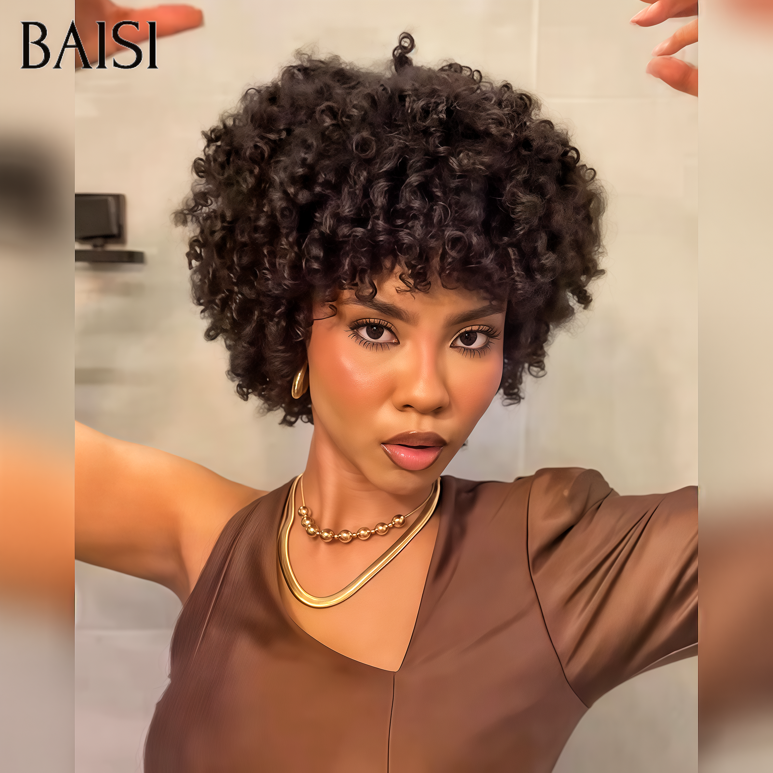 BAISI Perruque Top Modèle egg wave Avec Frange 12 Pouces sans Colle 100% cheveux humains