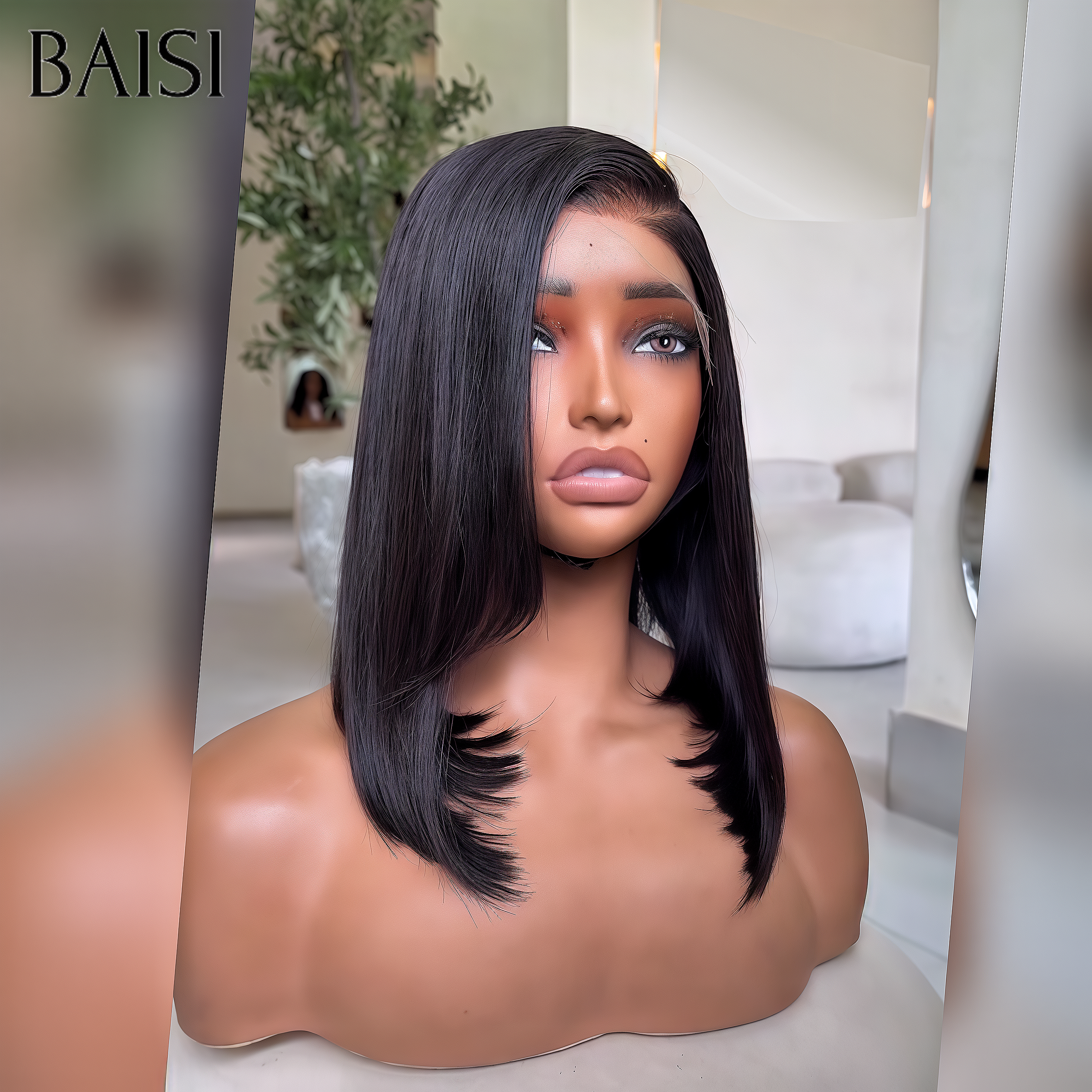 BAISI Frontal 13x4 em renda transparente BOB 14 polegadas 79€ liso cor preto em 100% Cabelo Humano