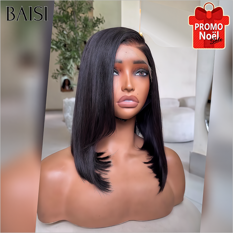 BAISI Frontal 13x4 em renda transparente BOB 14 polegadas 79€ liso cor preto em 100% Cabelo Humano