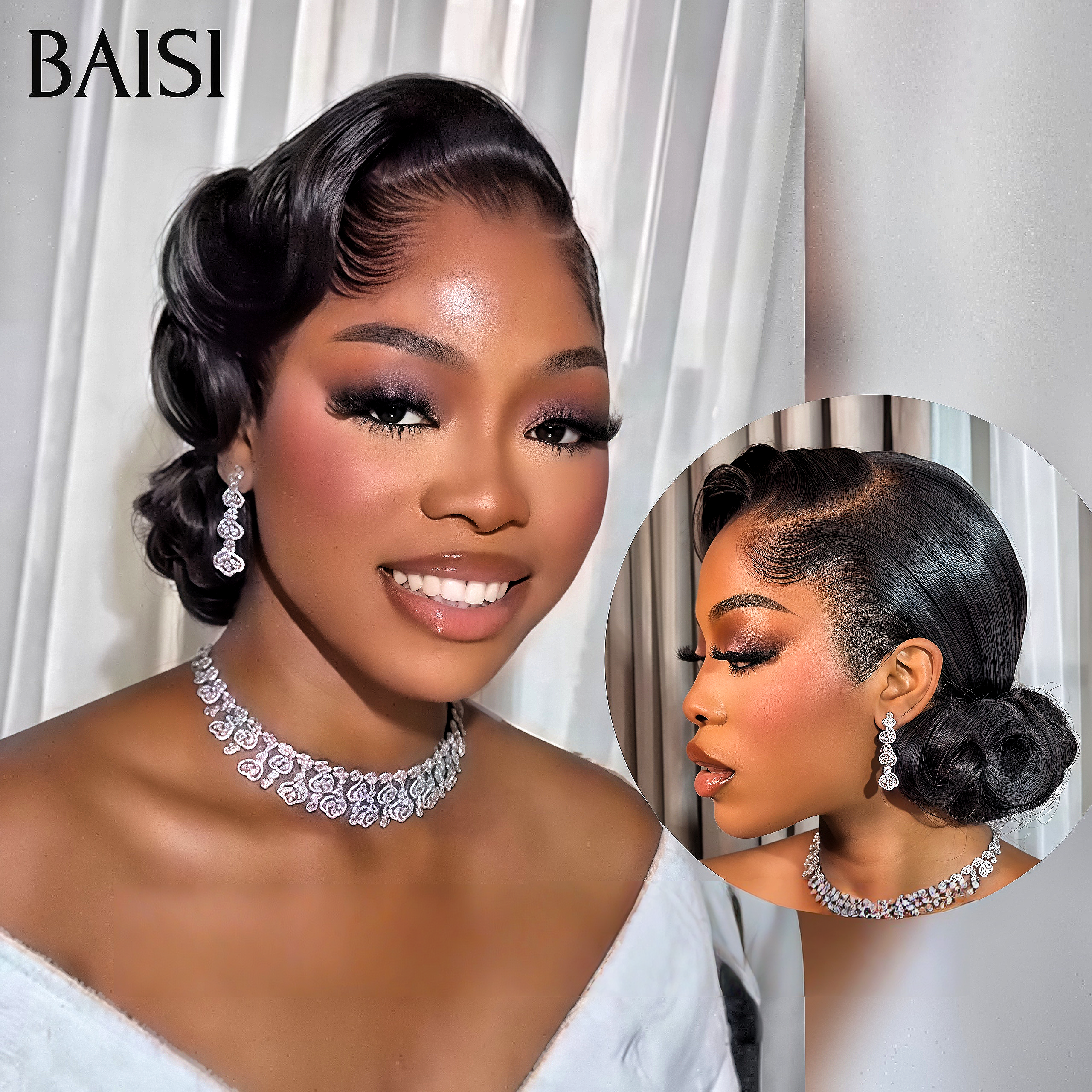 BAISI Coiffure de luxe Geneviève Perruques Mariage noir Prête à porter chignon et personalisation comme sur la vidéo 100% identique avec lace frontale événement spécial