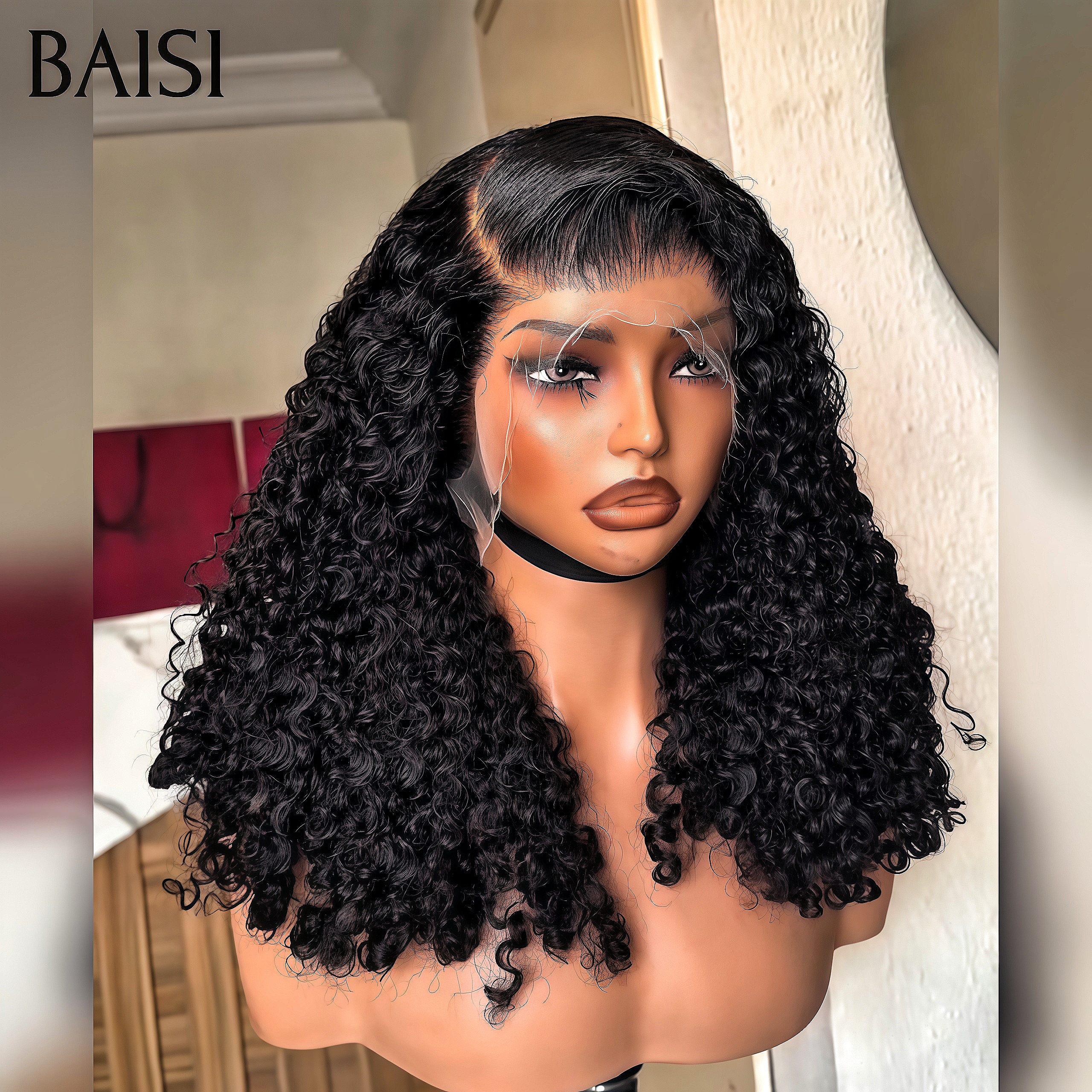 BAISI promo Perruque avec 13x4 lace frontal noir curly wave De Bonne Qualité 100% Cheveux Humains