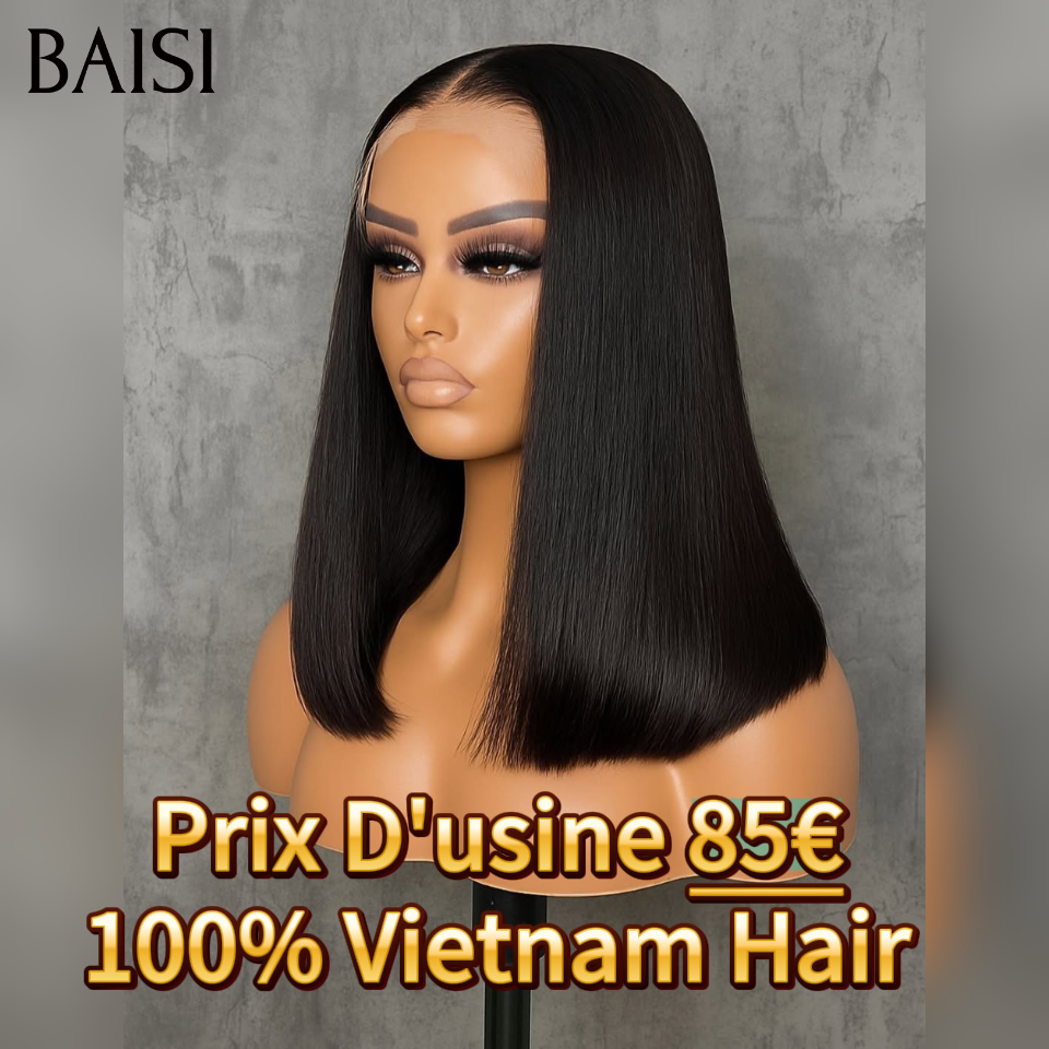 BAISI Achetez 2 perruques minimum au prix d'usine fournisseur  Perruque 2x6 Lisse bob 10 Pouces en Noir en 100% Cheveux Humains