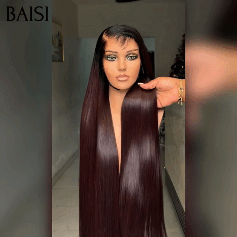 BAISI 13x4 Lace Frontal Perruque Lisse En Marron 1BT4# En 100% Cheveux Humains