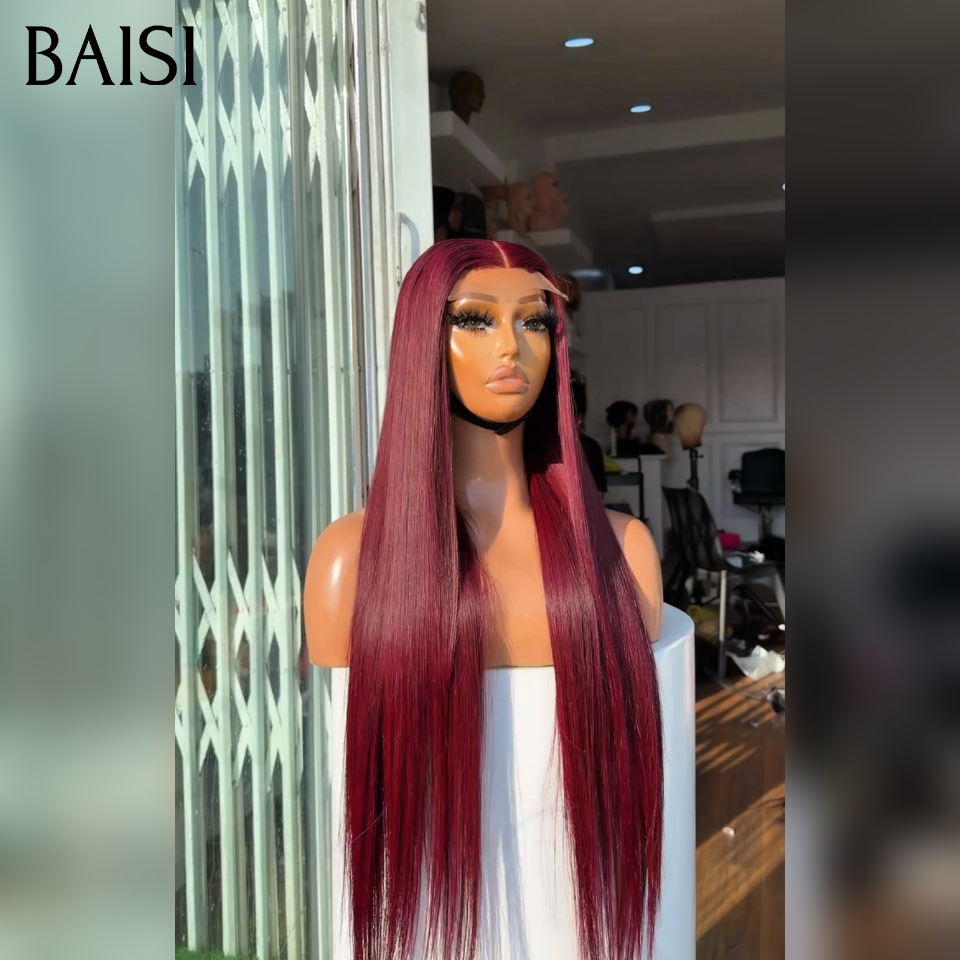 BAISI 13x4 Frontal Perruque Lisse 1 Perruque + 1 Peigne Electrique = 109€ 20 Pouces en  couleurs Bordeaux 99J# en 100% Cheveux Humains
