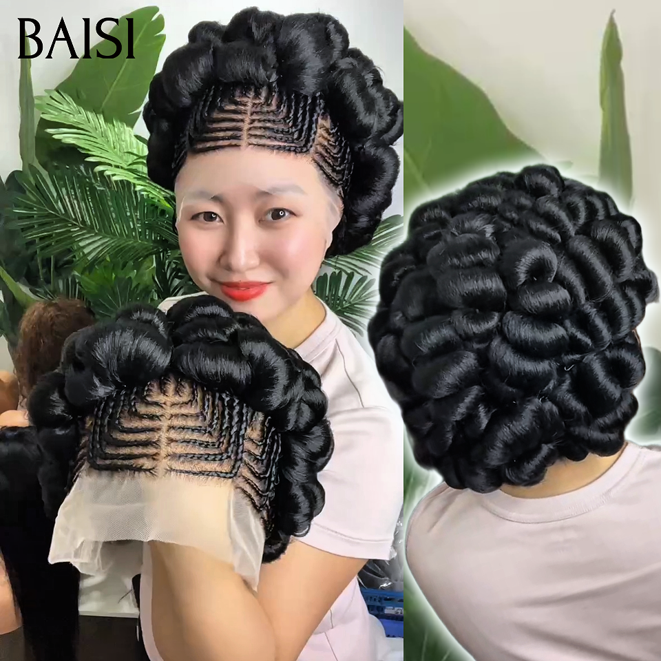 BAISI Nouvelle Arrivée Perruques Moitié Prix 13x4 frontal Lace avec Chignon de nattes  NOIR En 100% cheveux humains