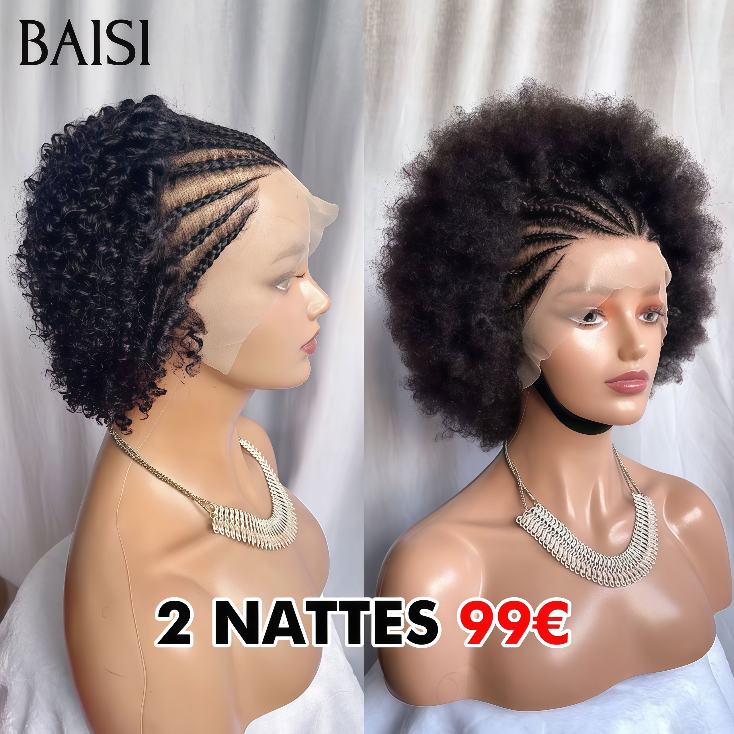 BAISI PROMO 2 perruques natte 99€  13X4 lace frontal avec natte pixie curly wave et afro curly NOIR en 100% Comme le montre l'image en 100% vrais cheveux humains