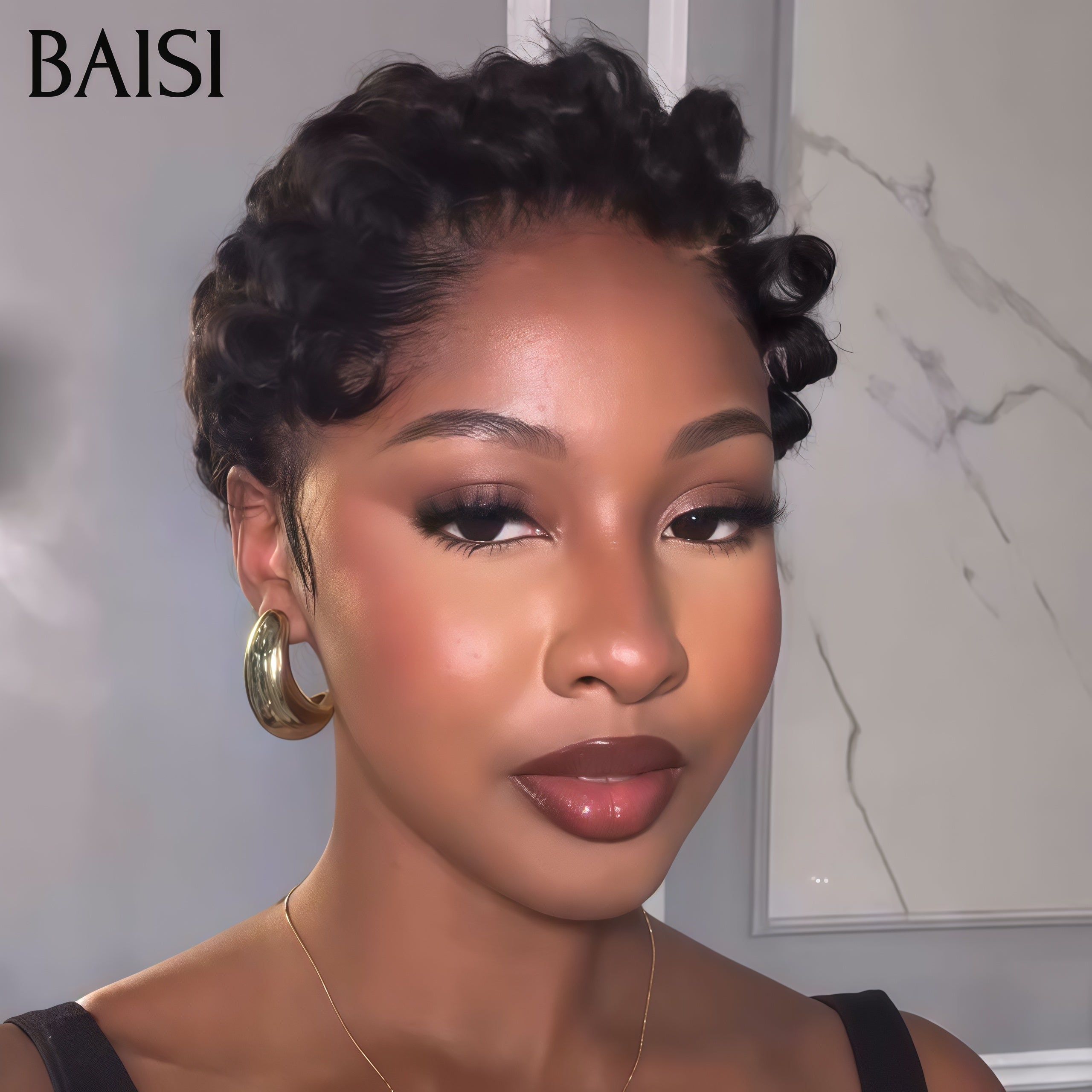 BAISI Perruque Pixie avec frontal finger wave 55€ ou Lisse en couleur miel 4T27# 88€ moitié prix sans colle sans lace  100% Cheveux Humains Fabriqué à la Machine MP50