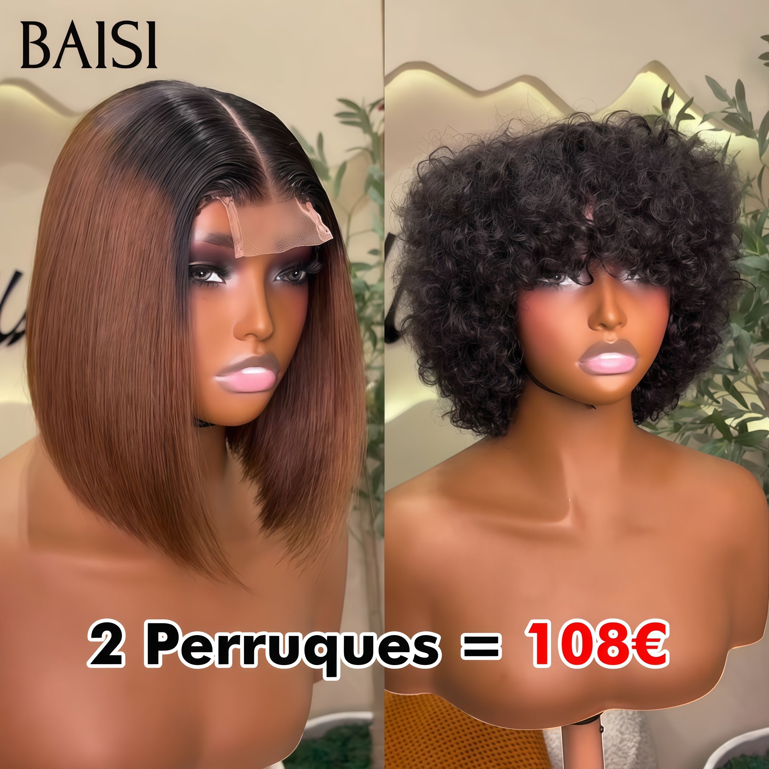 BAISI vente flash 2 Perruques 108€ 4x4 lace Lisse BOB Marron et pixie sans Colle curly wave F-8197 en 100% vrais cheveux humains