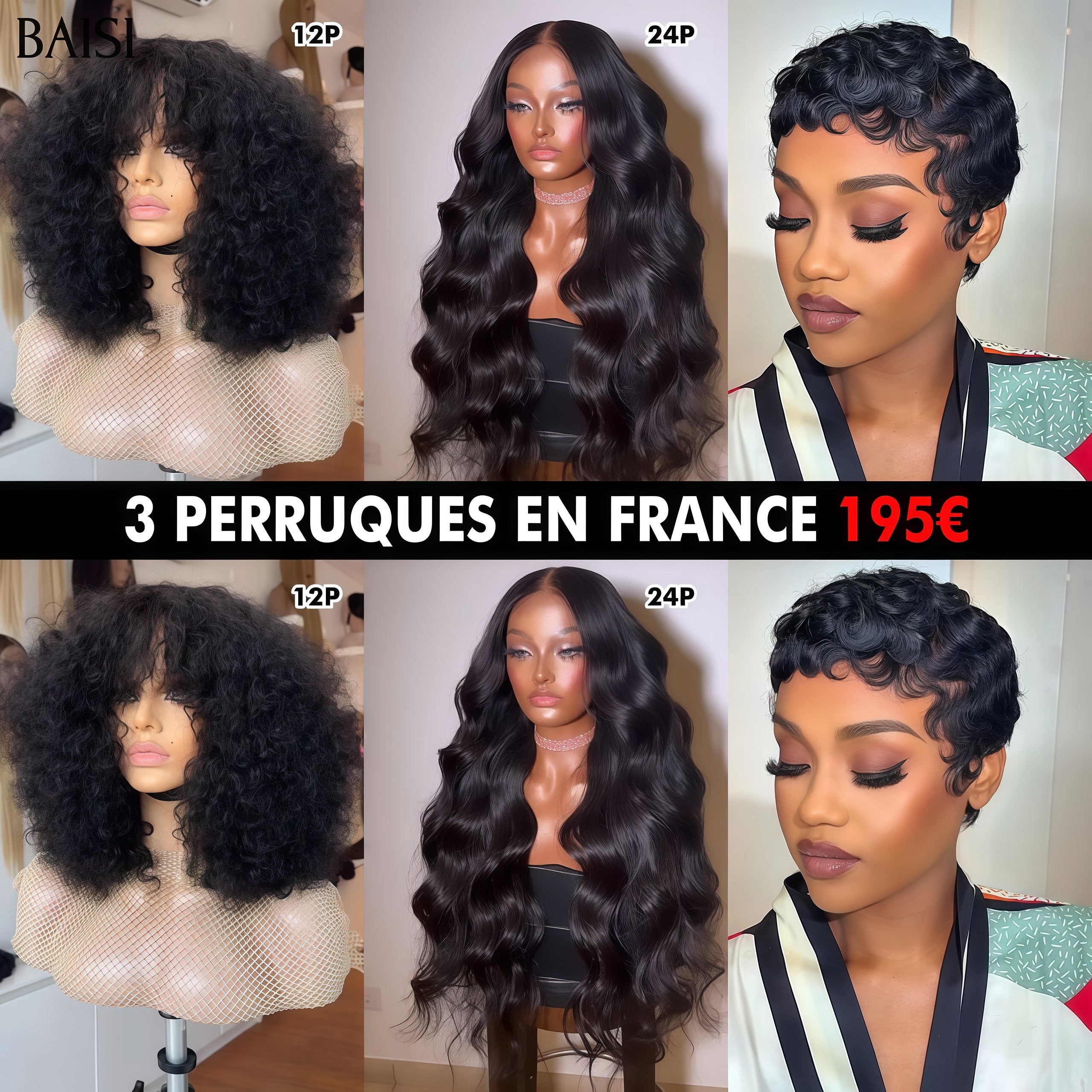 BAISI Lot De 3 Perruques Abordable 195 Euro En 13x4 lace Body wave 24 Pouces et pixie et BOB water wave 100% Cheveux Humains De Bonne Qualité En mèche brésilians Indians En Promotion