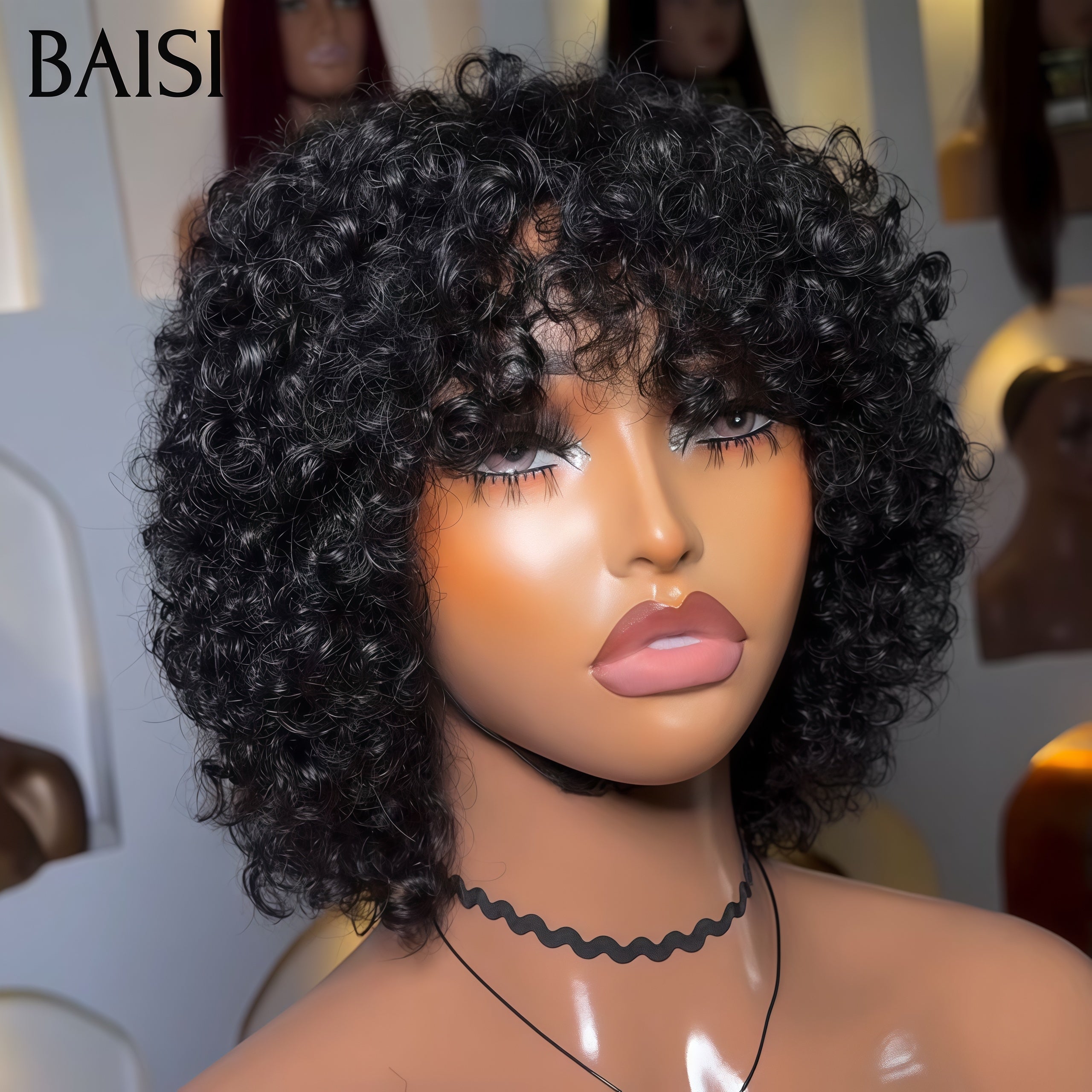 BAISI  Perruque Pixie curly wave NOIR 49€ ou  noir mix miel 1B27#  petite coupe fabriqué à la machine 65€ En 100% Cheveux Humains