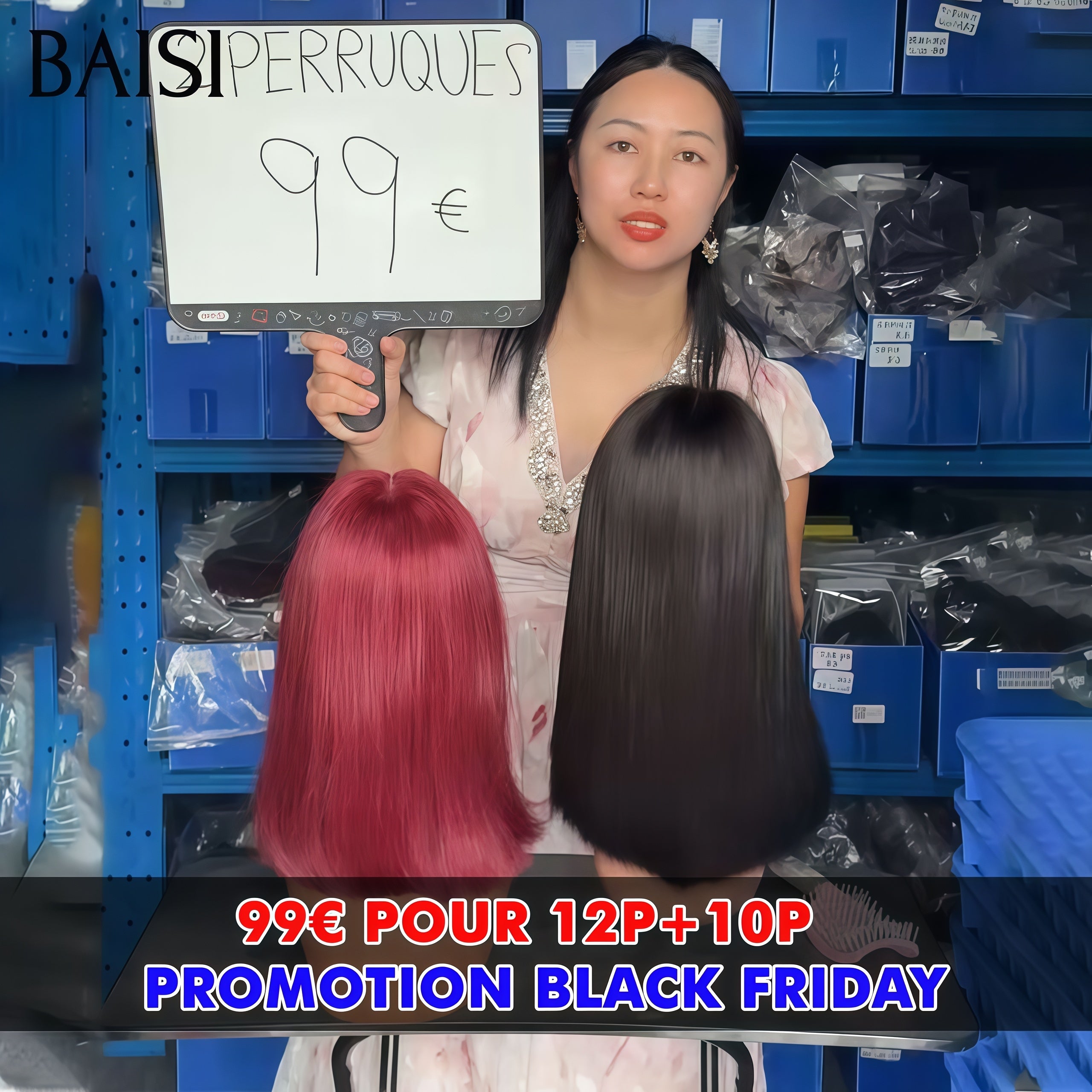 BAISI  BLACK FRIDAY BAS Prix 2 perruques 99€ pour 2 pièces 13x4 lace frontal bob lisse en 2 couleurs Bordeaux et NOIR en 100% Cheveux Humains