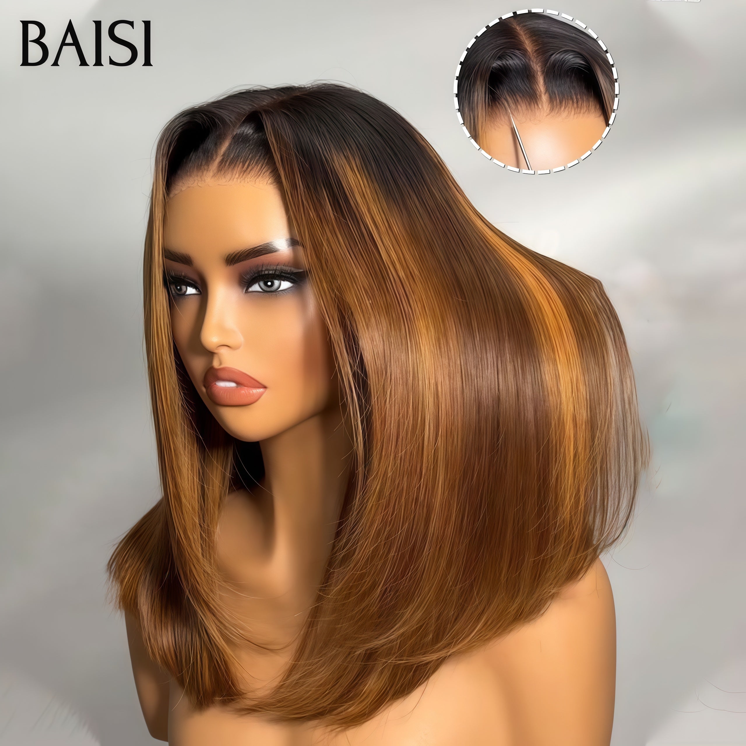 BAISI 13x4 lace frontal Perruque Bob Lisse pour revendre 14 Pouces 99€ en couleur Marron mixte miel  4T4/30# en 100% Cheveux Humains