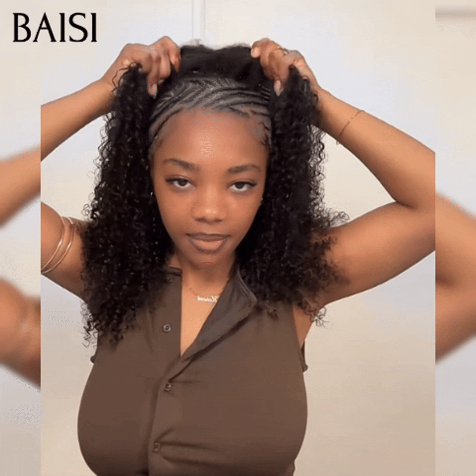 BAISI Perruque demi tête clips hair extension Facile à porter Noir Curly wave  en 100% cheveux humains