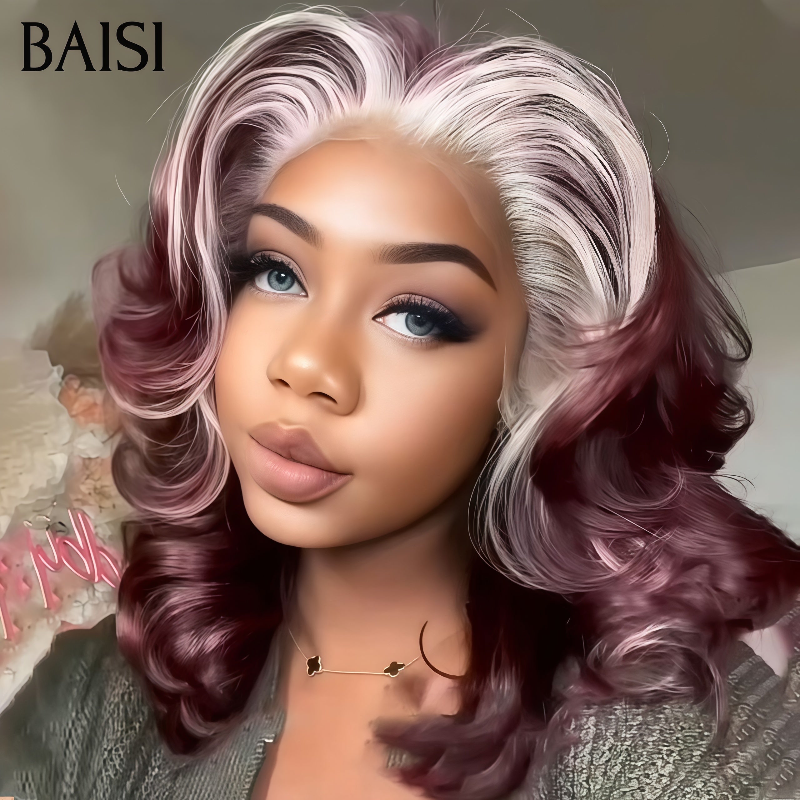 BAISI Promo Perruque 13X4 lace frontal 16 pouce couleurs Rouge-violet Mix Blonde somble grosse boucles sans colle Aujourd'hui 99€  en 100% Cheveux Humains