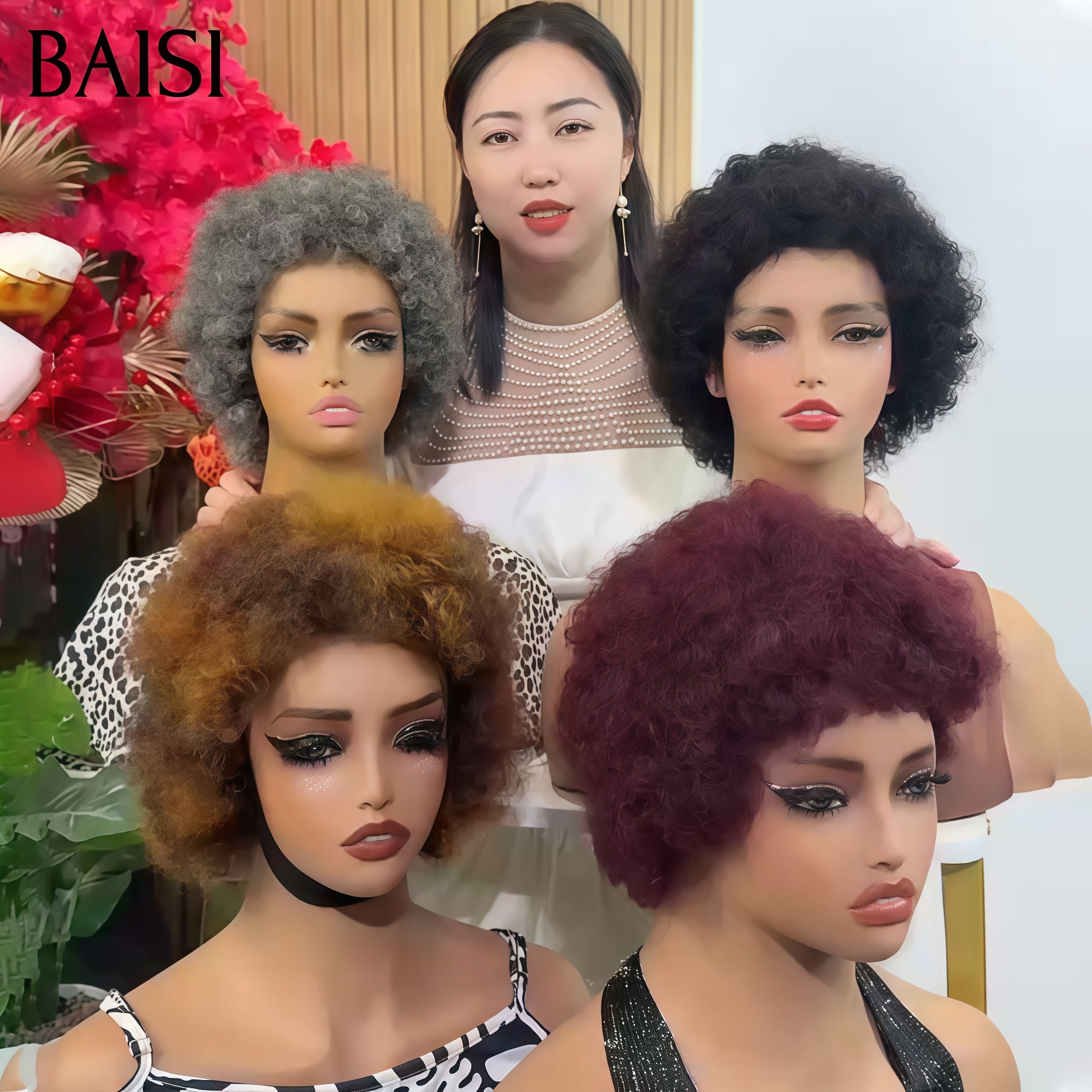 BAISI 4 Perruques 80€ Pixie afro curly  4 couleurs NOIR et Mixte Miel et gris et Bordeaux Fabriqué à la Machine  En 100% Cheveux Humains