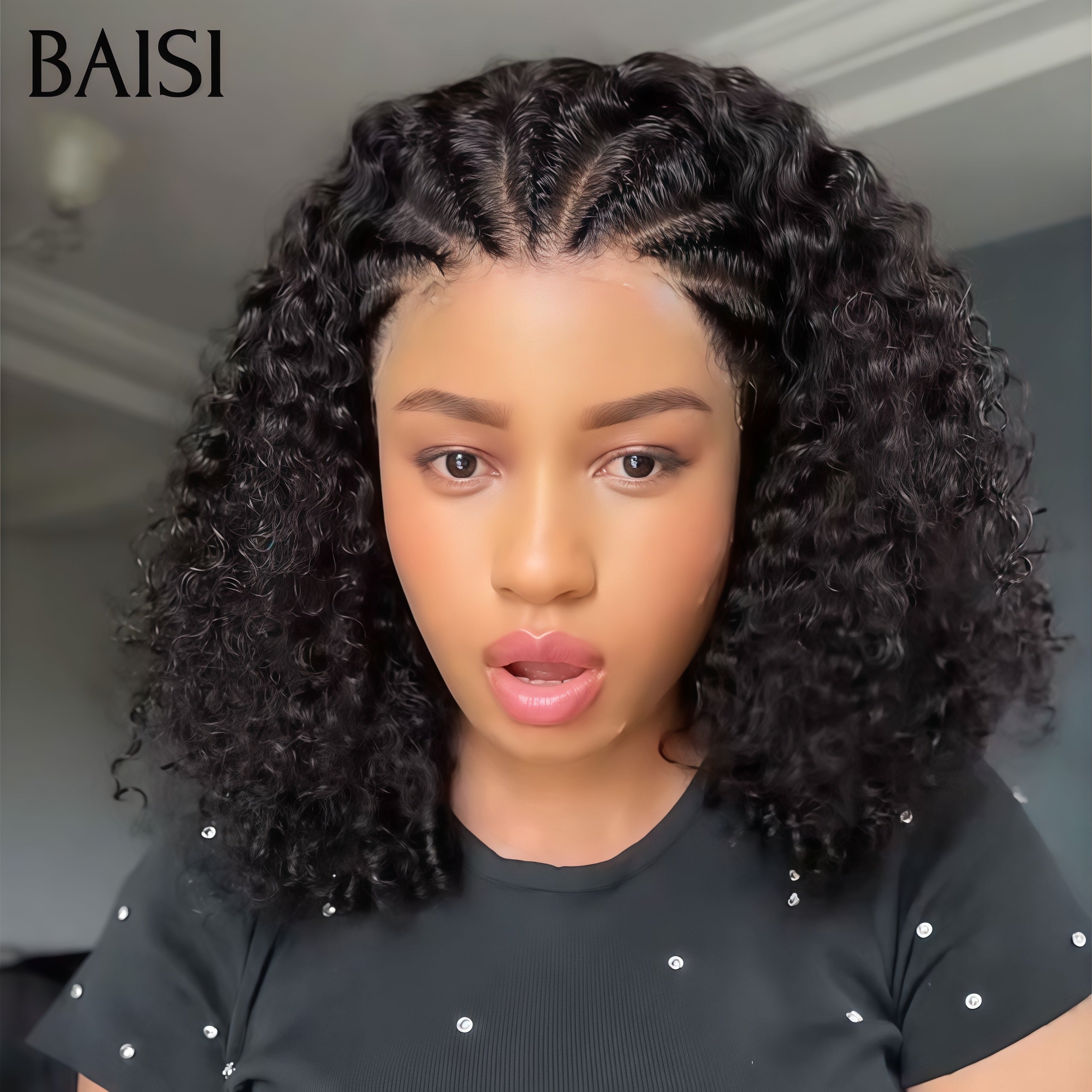 BAISI 13X4  frontale lace perruque 14 Pouces curl wave avec Petite natte frisé 300% densité 129€ 100% cheveux humains
