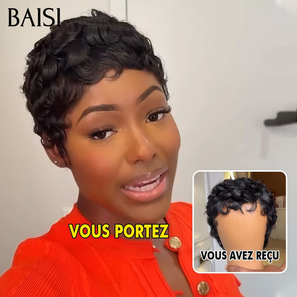 BAISI  Perruque Chioma pixie Sans Colle 37€ ou 13x4 lace Frontale finger wave NOIR Moitié Prix 58€ en 100% cheveux humains