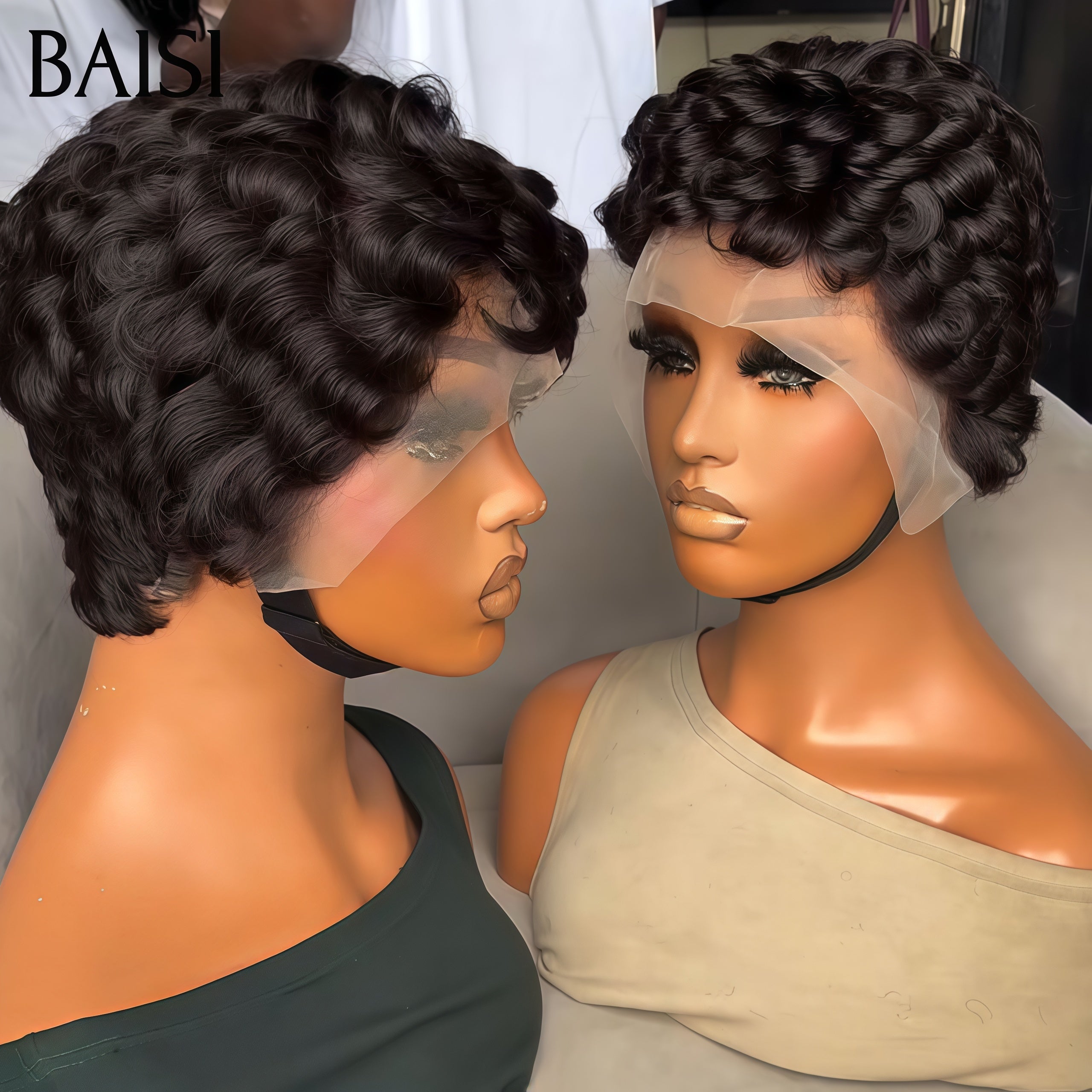 BAISI  pixie Coiffure 2 Perruques 90€ 13X4 lace frontal comme la video NOIRen 100% Cheveux humains