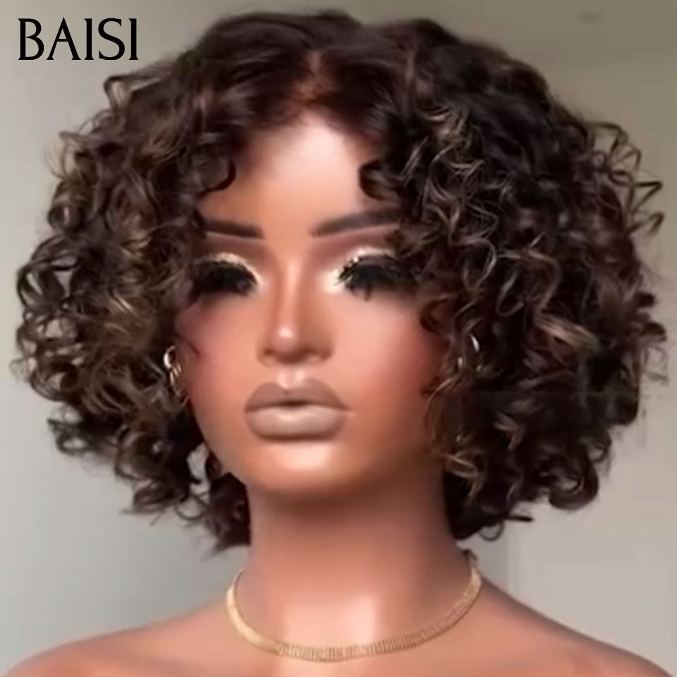 BAISI Perruque Pixie curly wave NOIR Mixte Miel 66€ Fabriqué à la Machine  En 100% Cheveux Humains BS30