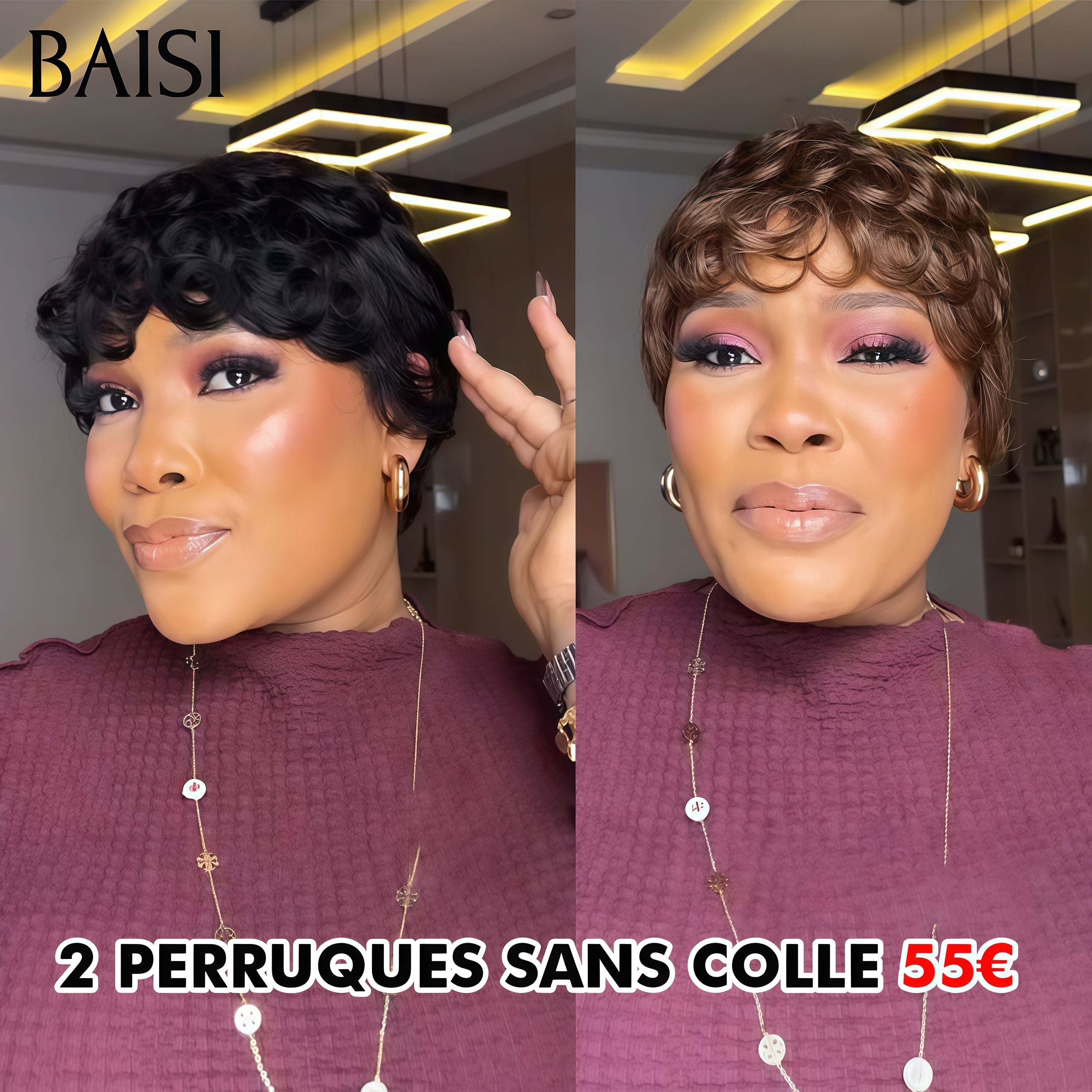 BAISI 2 Parrucche senza colla 55€ in 100% capelli umani a metà prezzo chioma finger wave NERO e Marrone