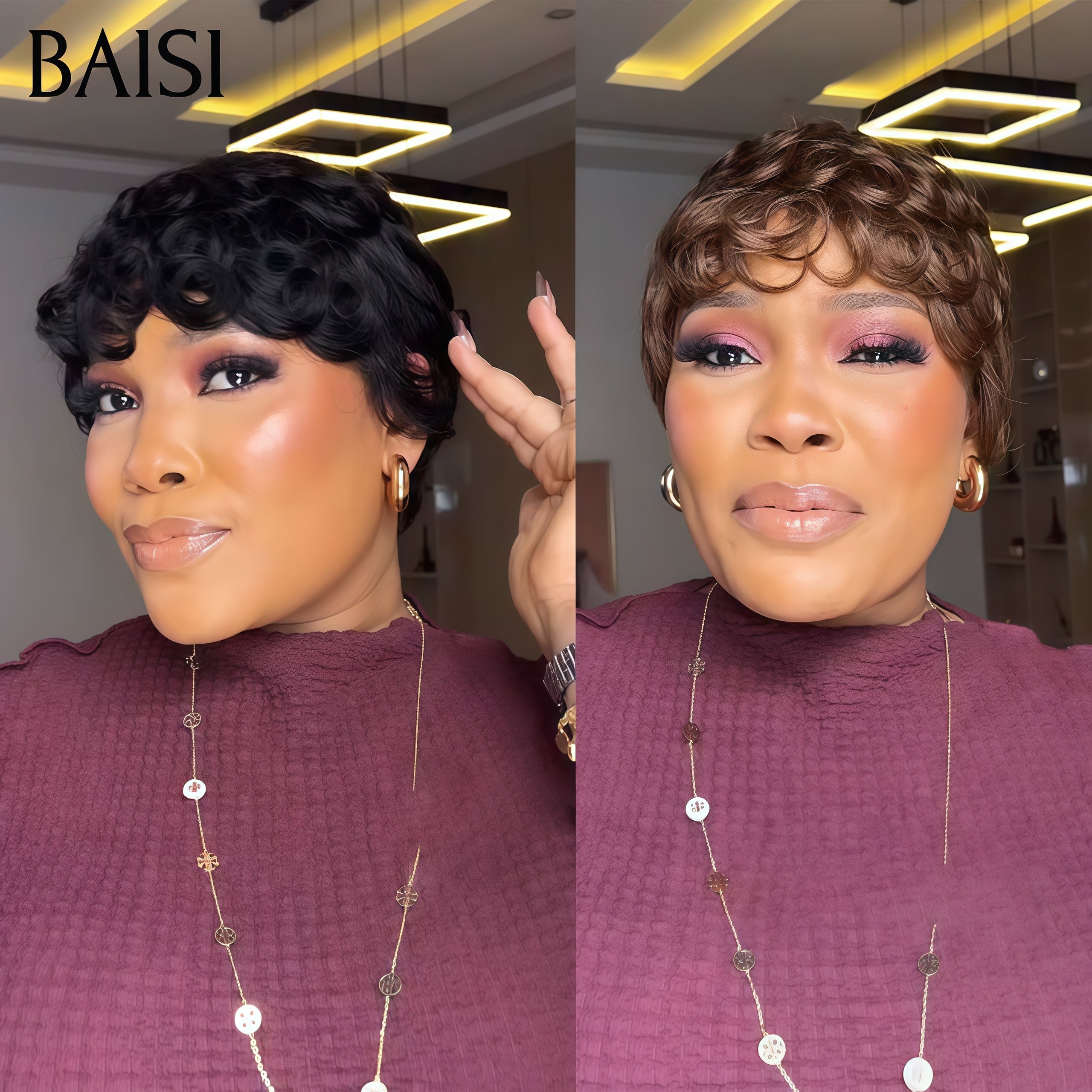 BAISI 2 Parrucche senza colla 55€ in 100% capelli umani a metà prezzo chioma finger wave NERO e Marrone