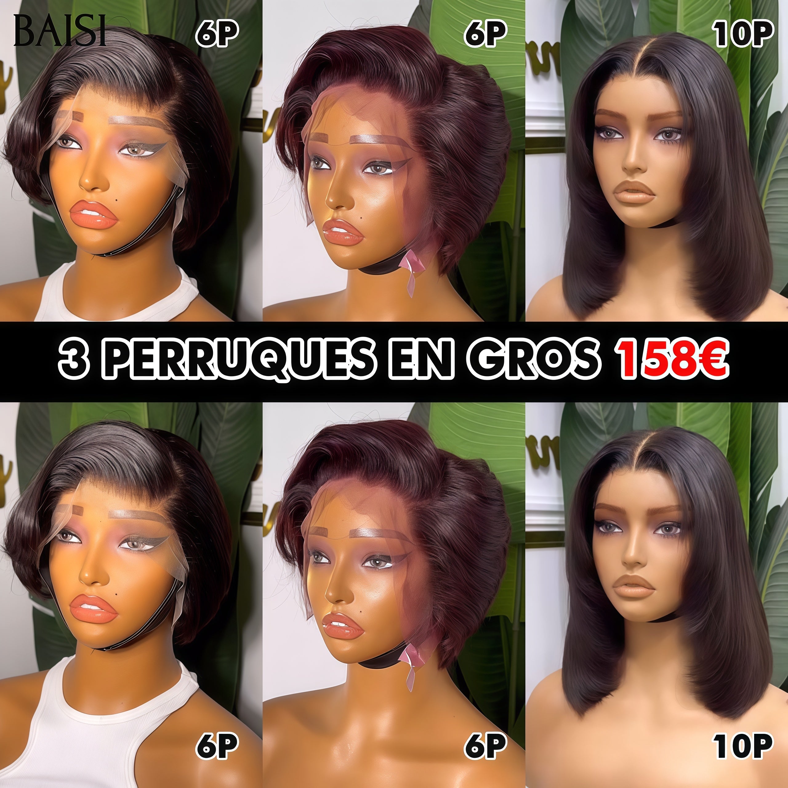 BAISI 3 Parrucche all'ingrosso 158€ per rivendere a metà prezzo Liscio BOB 13x4 lace Liscio colore NERO e Bordeaux e 4x4 lace Liscio 10 Pollici in 100% veri capelli umani mp50