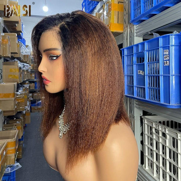 BAISI Achetez 2 perruques minimum au prix d'usine fournisseur Perruque Kinky Straight Noir Marron 1BT4# Sans Colle Lace déjà couper Facile à Porter en 100% Cheveux Humains (Pas Besoin de Code)
