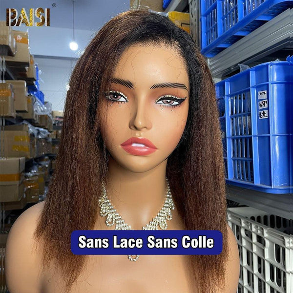 BAISI Achetez 2 perruques minimum au prix d'usine fournisseur Perruque Kinky Straight Noir Marron 1BT4# Sans Colle Lace déjà couper Facile à Porter en 100% Cheveux Humains (Pas Besoin de Code)