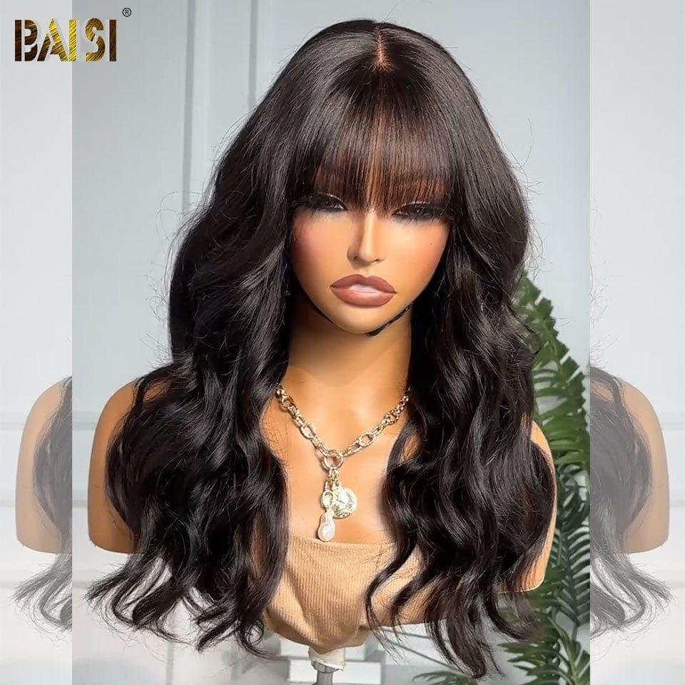 BAISI Perruques di lusso Body Wave con frangia, realizzate con capelli double drawn con riga naturale al centro