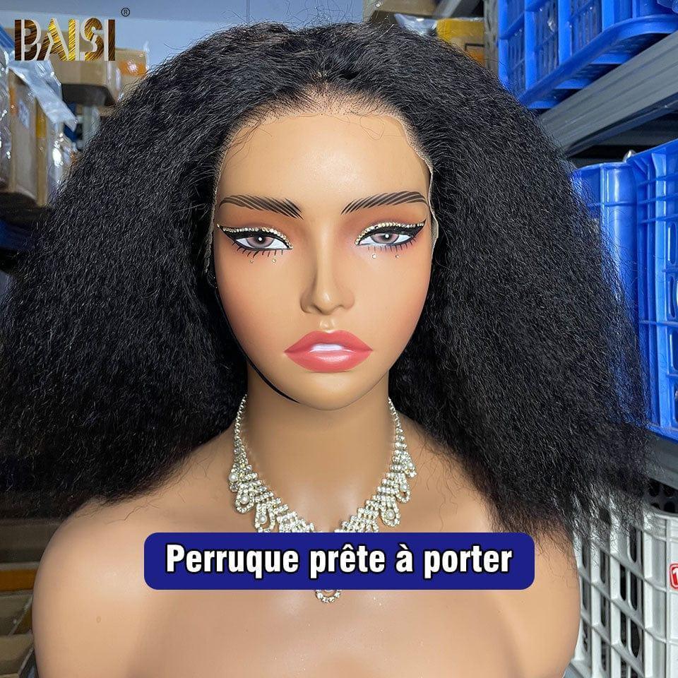 BAISI Compre mínimo 2 perucas ao preço de fábrica, fornecedor de peruca Kinky Straight Yaki sem cola, lace já cortada, fácil de usar, em 100% cabelo humano (sem necessidade de código)