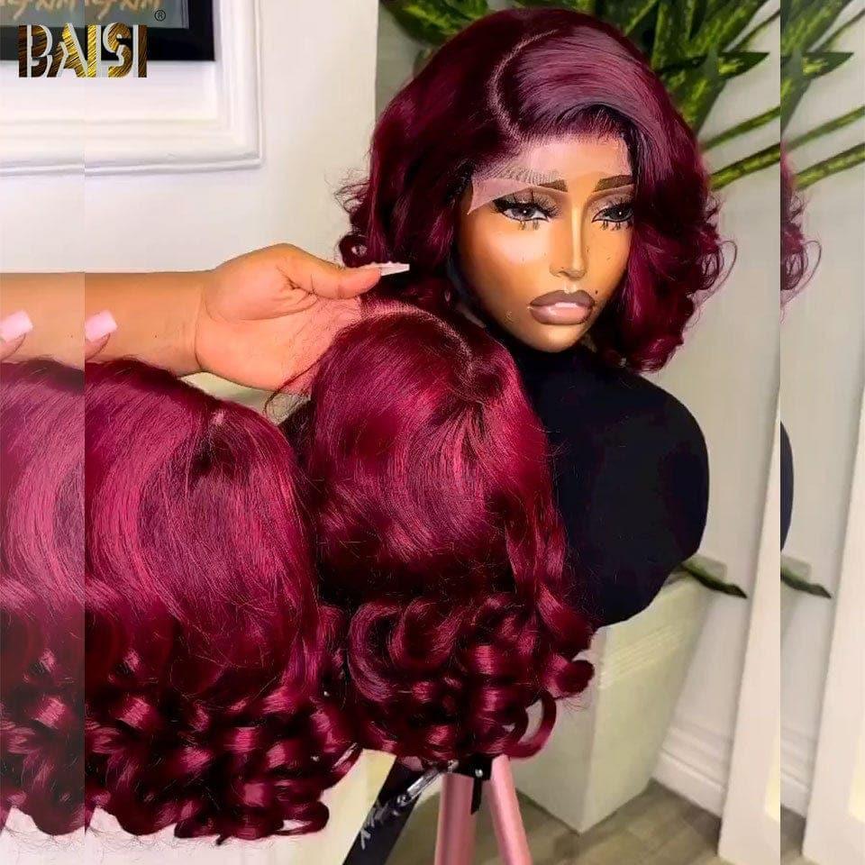 Parrucca frontale in pizzo BAISI 13x4 Ricciolo d'uovo Rosso Borgogna 065C 99J in capelli umani al 100%