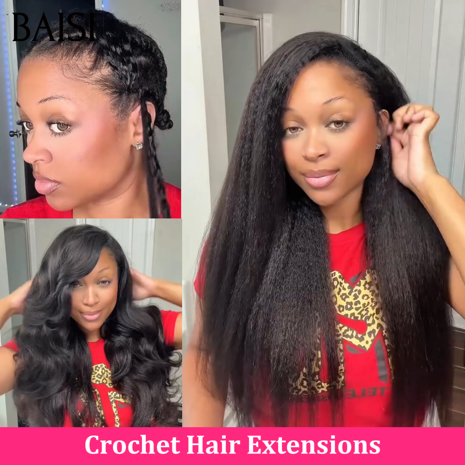 BAISI Extensions Plumes Cheveux Humains Noir en Crochet Texture Kinky Straight Installation Etape par Etape Facile et Simple Rendu et naturel en 100% Cheveux Humains