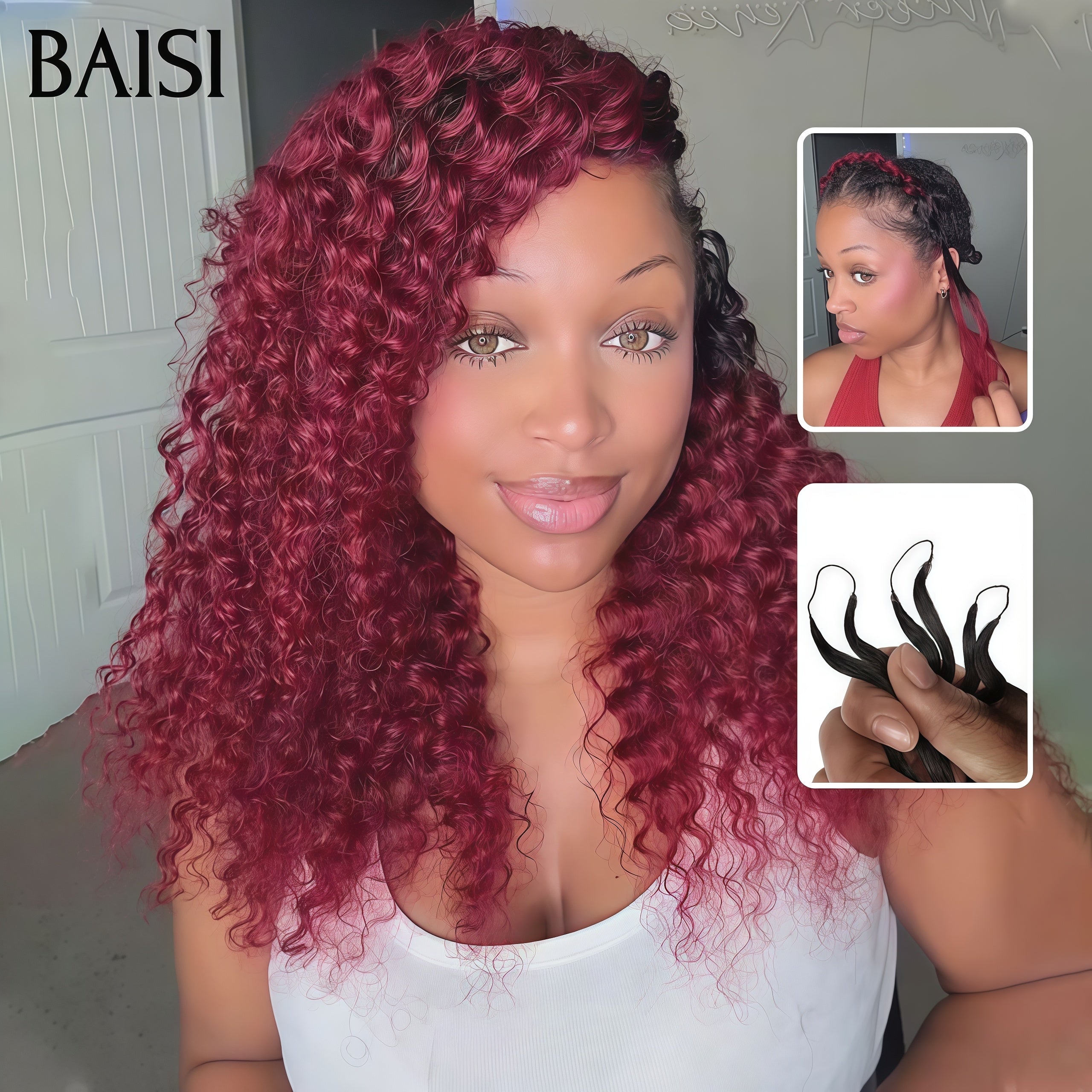 BAISI Extensions Plumes Cheveux Humains Rouge Bordeaux 99J#   en Crochet Texture Curly Wave Installation Etape par Etape Facile et Simple Rendu et naturel en 100% Cheveux Humains