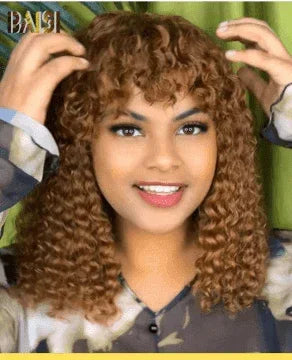 BAISI Acquista minimo 2 parrucche al prezzo di fabbrica Fornitore Parrucca riccia egg wave Marrone o Curly con frangia Colore #30 in 100% capelli umani veri (Nessun codice necessario)