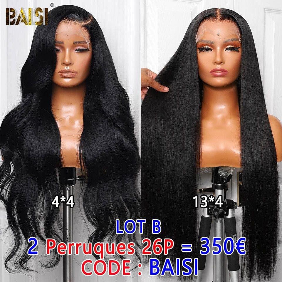 BAISI 13X4 lace frontal  Sans Colle 89€ ou Lot De 2 Perruques En Cheveux Humains Longue Perruque Lisse Plus Perruque Body Wave et curly wave 26Pouces