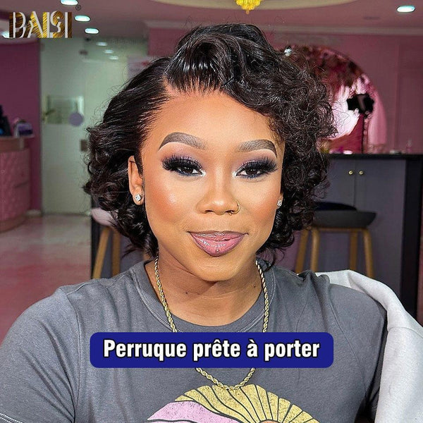 BAISI 13x4 Perruque boucles Curly  Wave Noir  8 Pouces 108 € 200% densité  Pré-plucked Pas Besoin de Colle en 100% Raw Hair Lace déjà couper