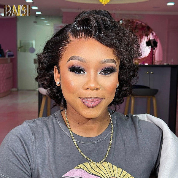 BAISI 13x4 Perruque boucles Curly  Wave Noir  8 Pouces 108 € 200% densité  Pré-plucked Pas Besoin de Colle en 100% Raw Hair Lace déjà couper